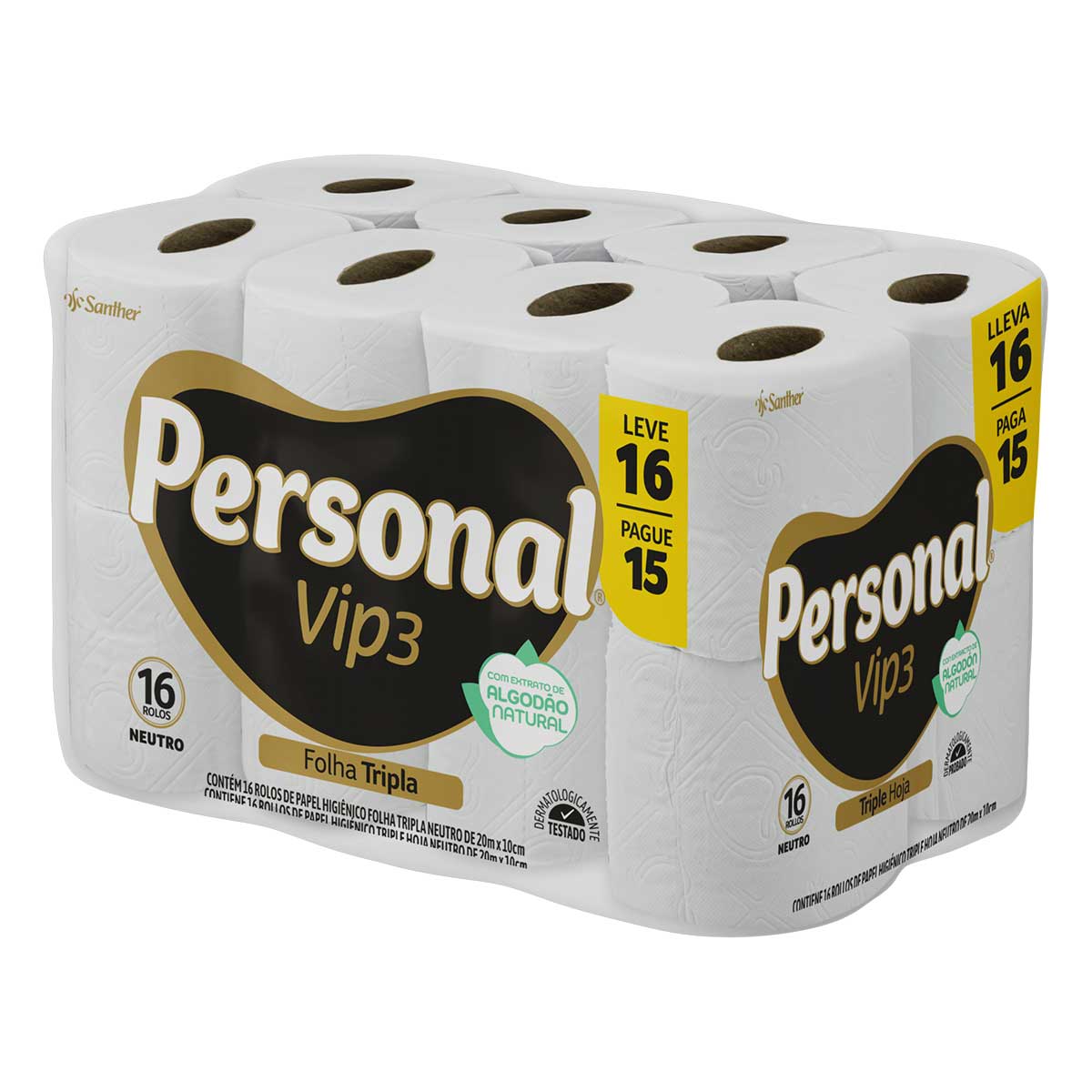 Papel Higienico Folha Tripla Neutro Personal Vip3 20 Metros Leve 16 Pague 15 Unidades