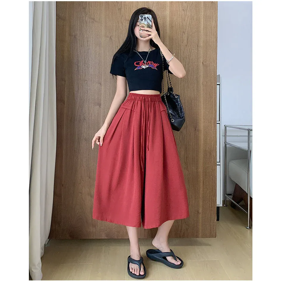 2023 Summer Thin Casual High Waist Large Size Slim Ice Silk Wide Leg