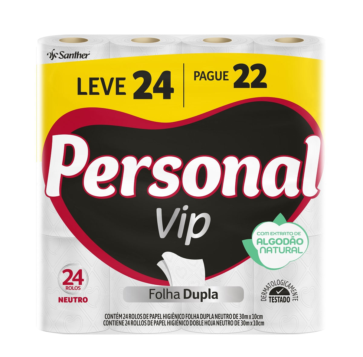 Papel Higienico Folha Dupla Neutro Personal Vip 30m Pacote Leve 24 Pague 22 UnidadesPapel Higienico Folha Dupla Neutro Personal Vip 30m Pacote Leve 24