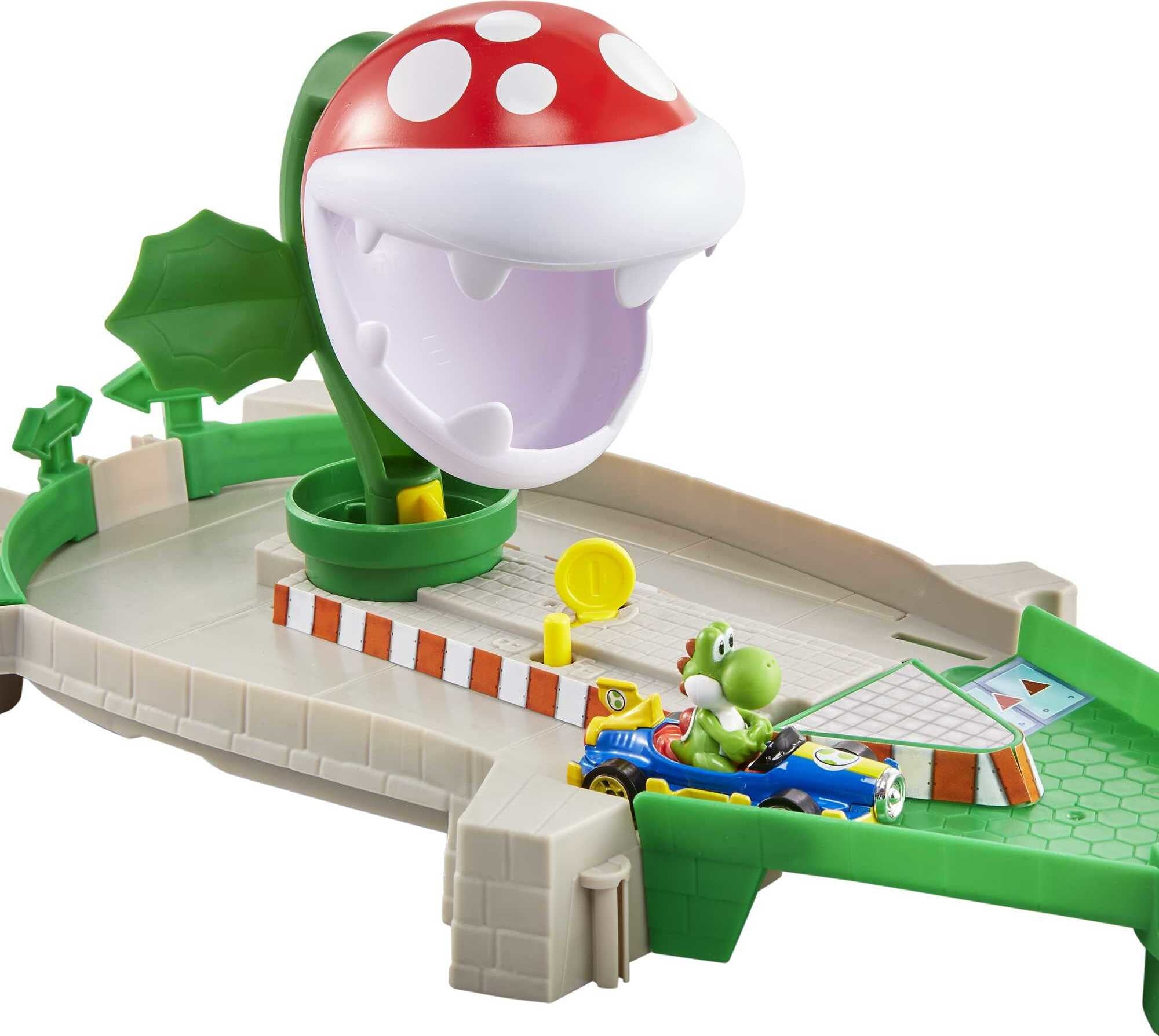 Hot Wheels Mario Kart Piranha Plant Track Set with 1:64 Scale Yoshi Toy Kart and Gravity Launcher