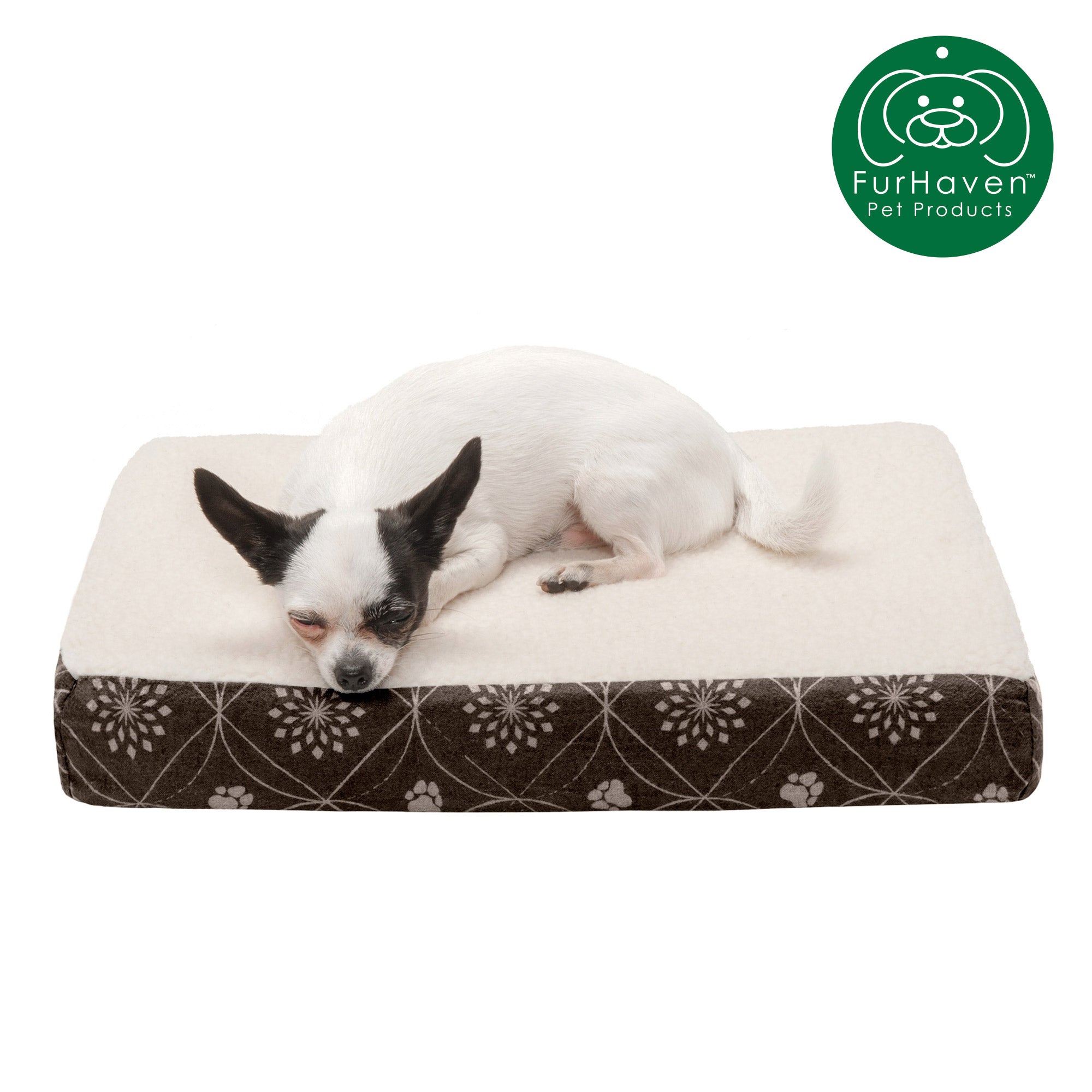 FurHaven Pet Dog Bed | Deluxe Memory Foam Faux Sheepskin and Flannel Paw Decor Print Mattress Pet Bed for Dogs and Cats， Dark Espresso， Small