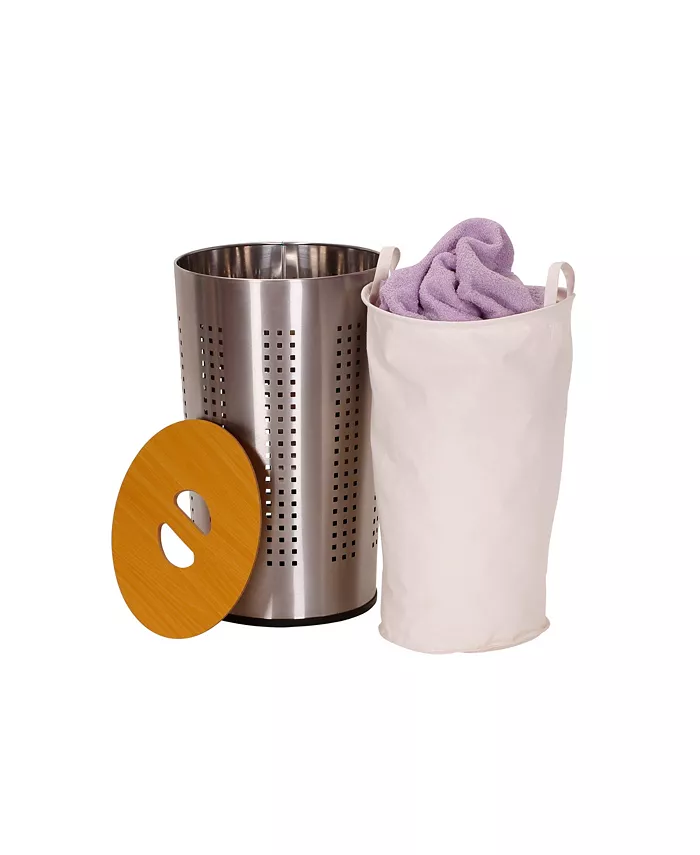 Household Essentials Round Metal Laundry Hamper with Wood Lid