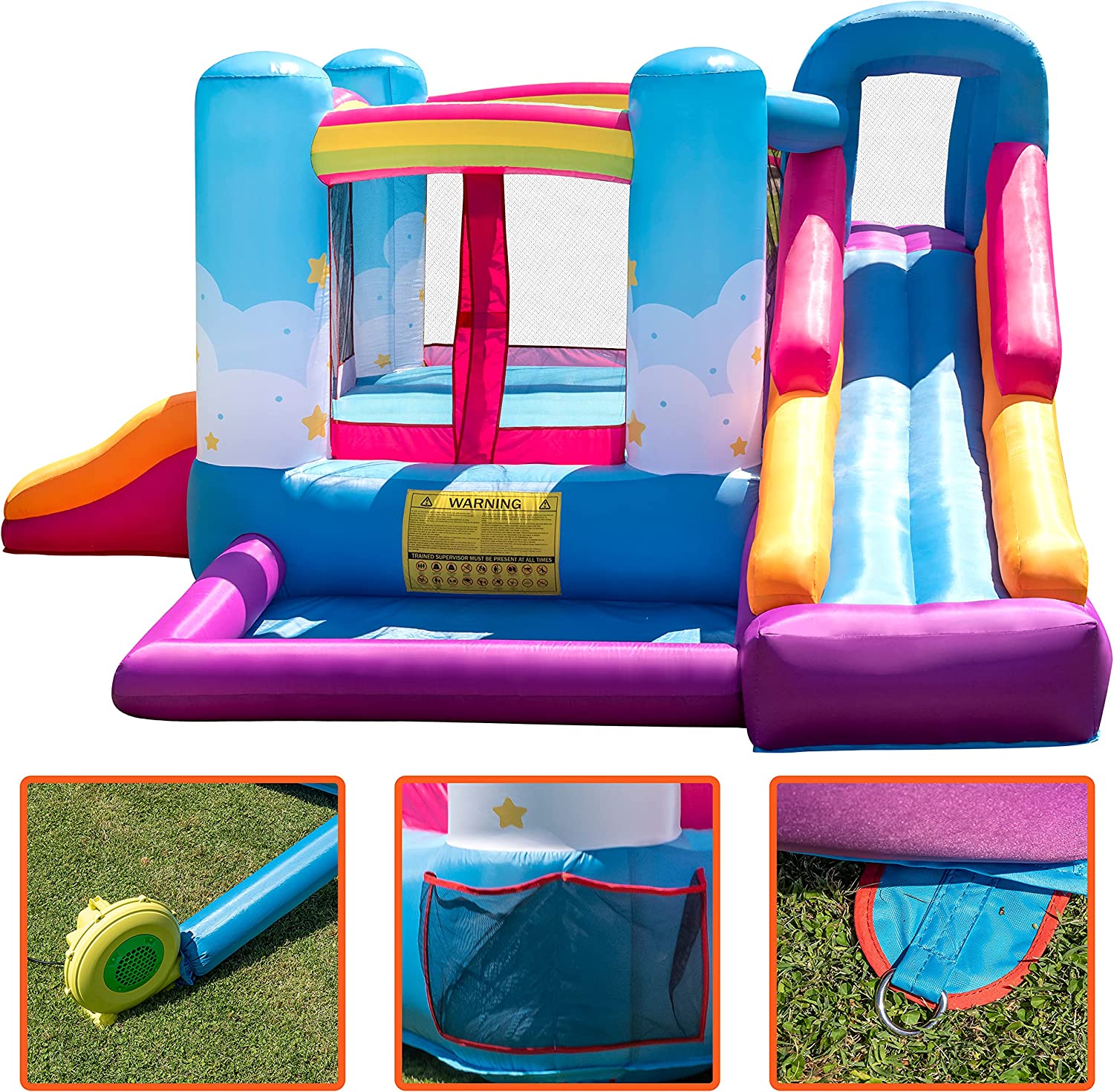 TURFEE Sky and Rainbow Inflatable Bounce House with Side Slide for Kids