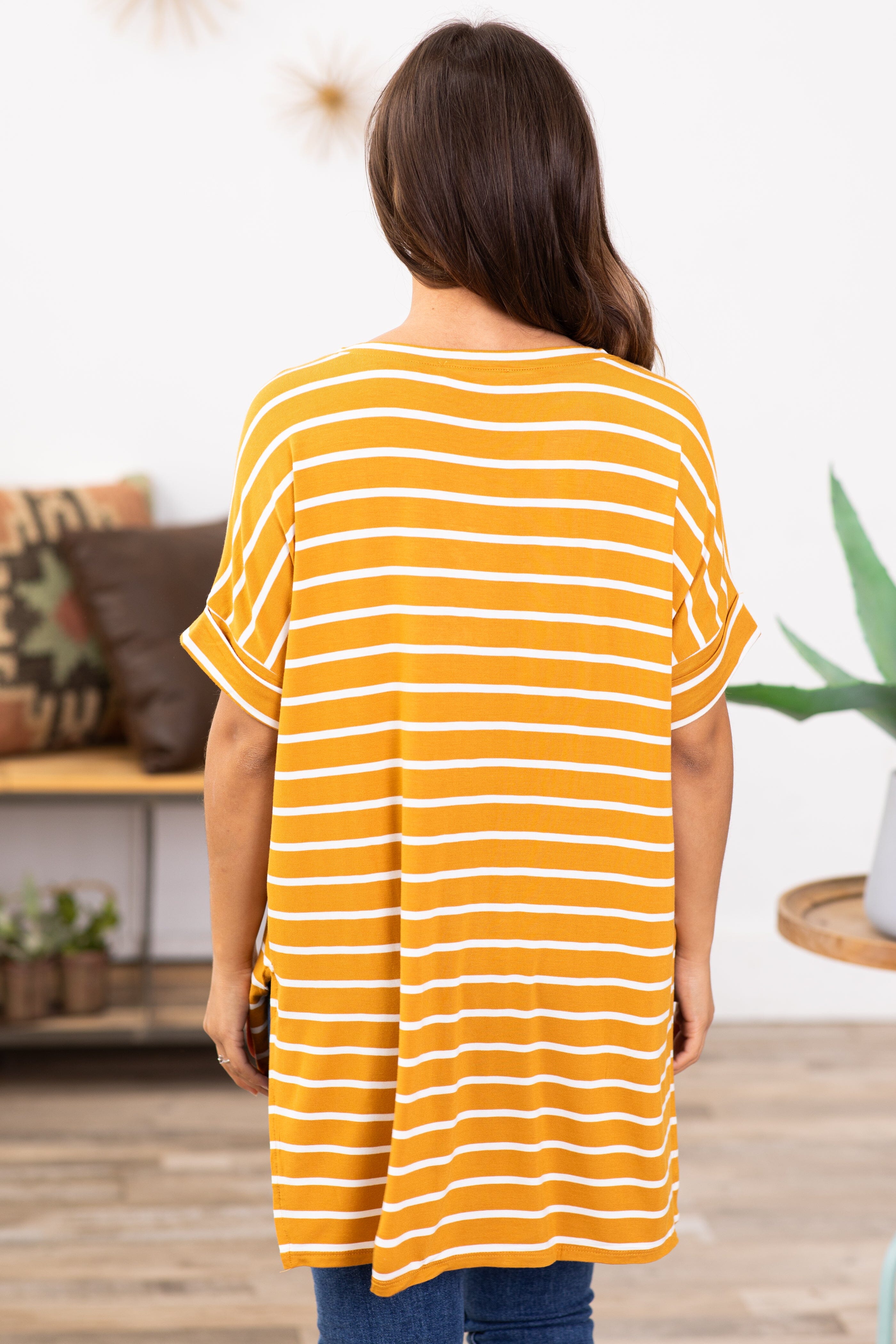 Mustard and Off White Stripe V-Neck Top