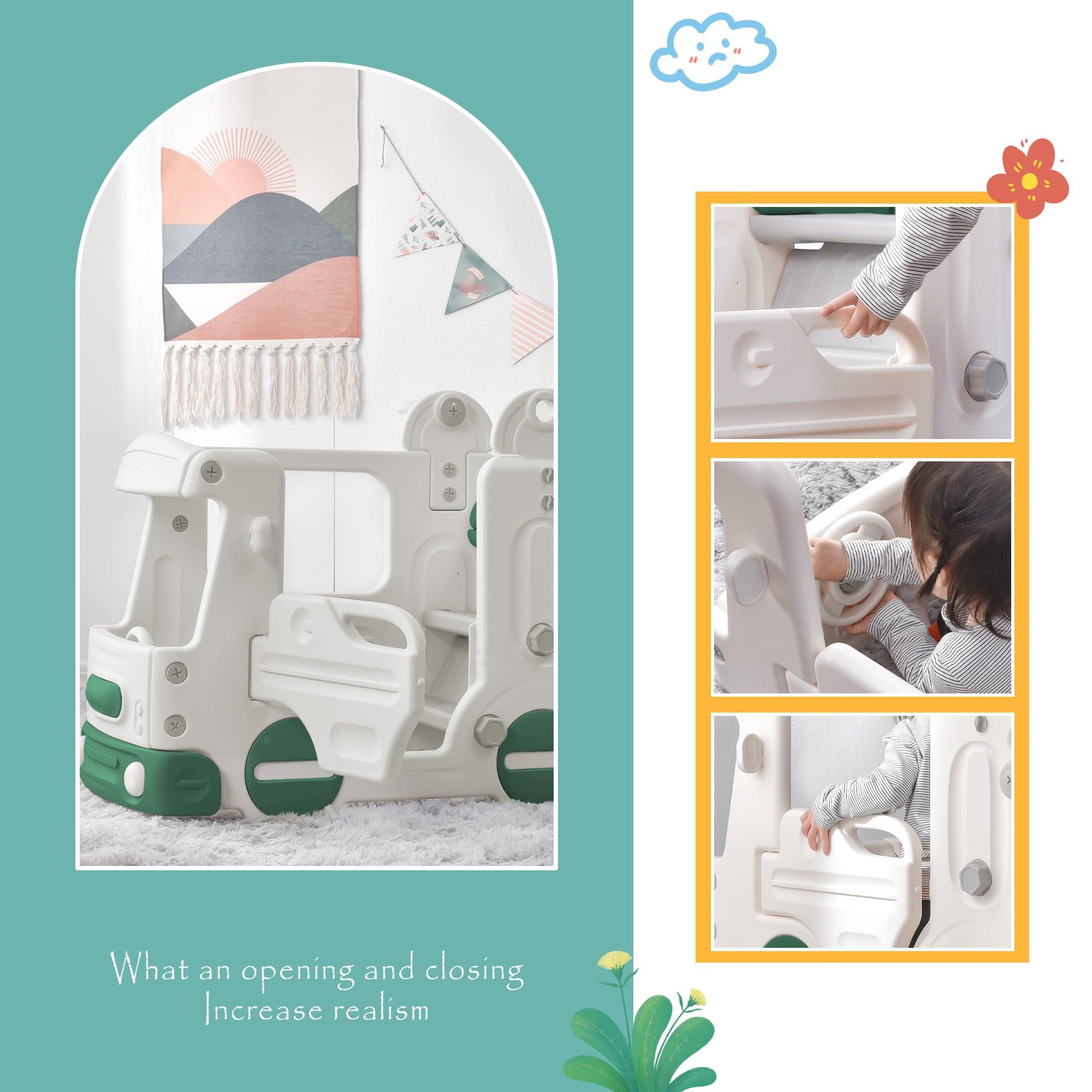 Track 7 Baby Slide 4-in-1，Indoor Toddler Slide with Basketball Hoop，Climber and Bus Playhouse，Outdoor Playground Kids Slide for Toddlers Age 1+，Green