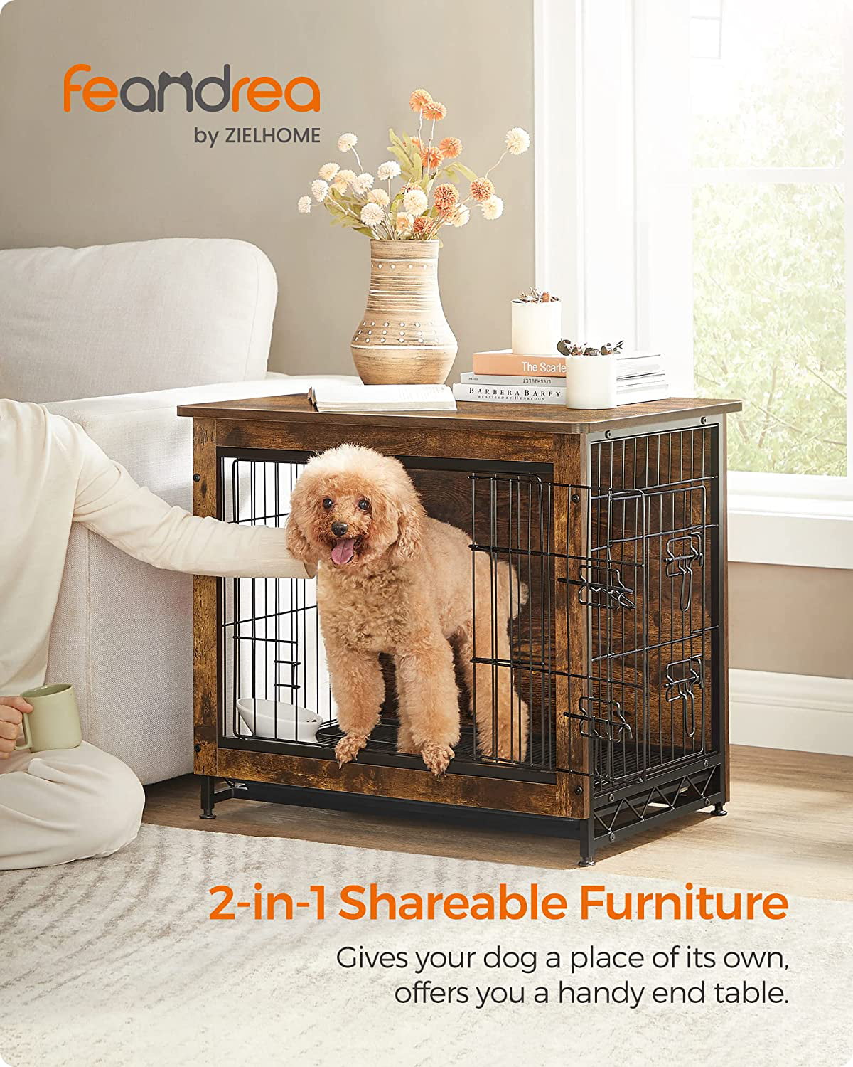 FEANDREA Dog Crate Furniture， Double-Door Dog House， Rustic Brown