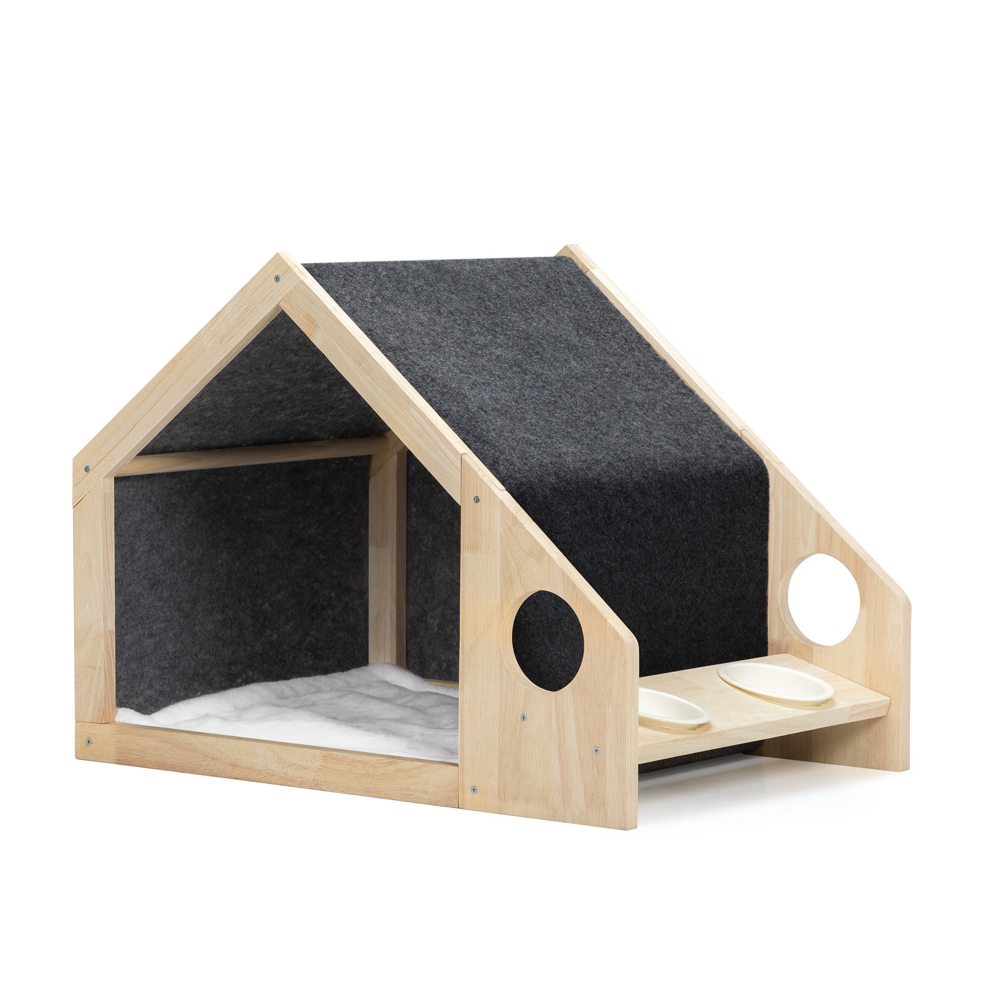 Gecheer 2-In-1 Wood Dog House Indoor， Cabin Dog Kennel with Cushioned Bed， Cover Scratcher， Feeding Bowls， Pet Habitat for Cats， Small and Medium Dogs， Natural and Gray