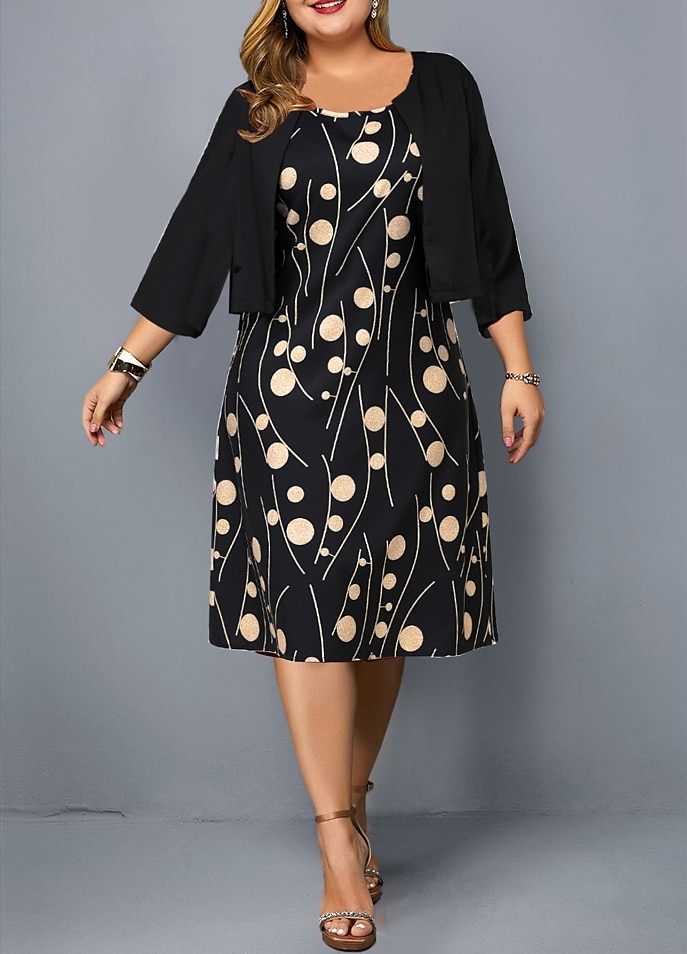 Women's Plus Size Dress Set Polka Dot Crew Neck 3/4 Length Sleeve Work Dress