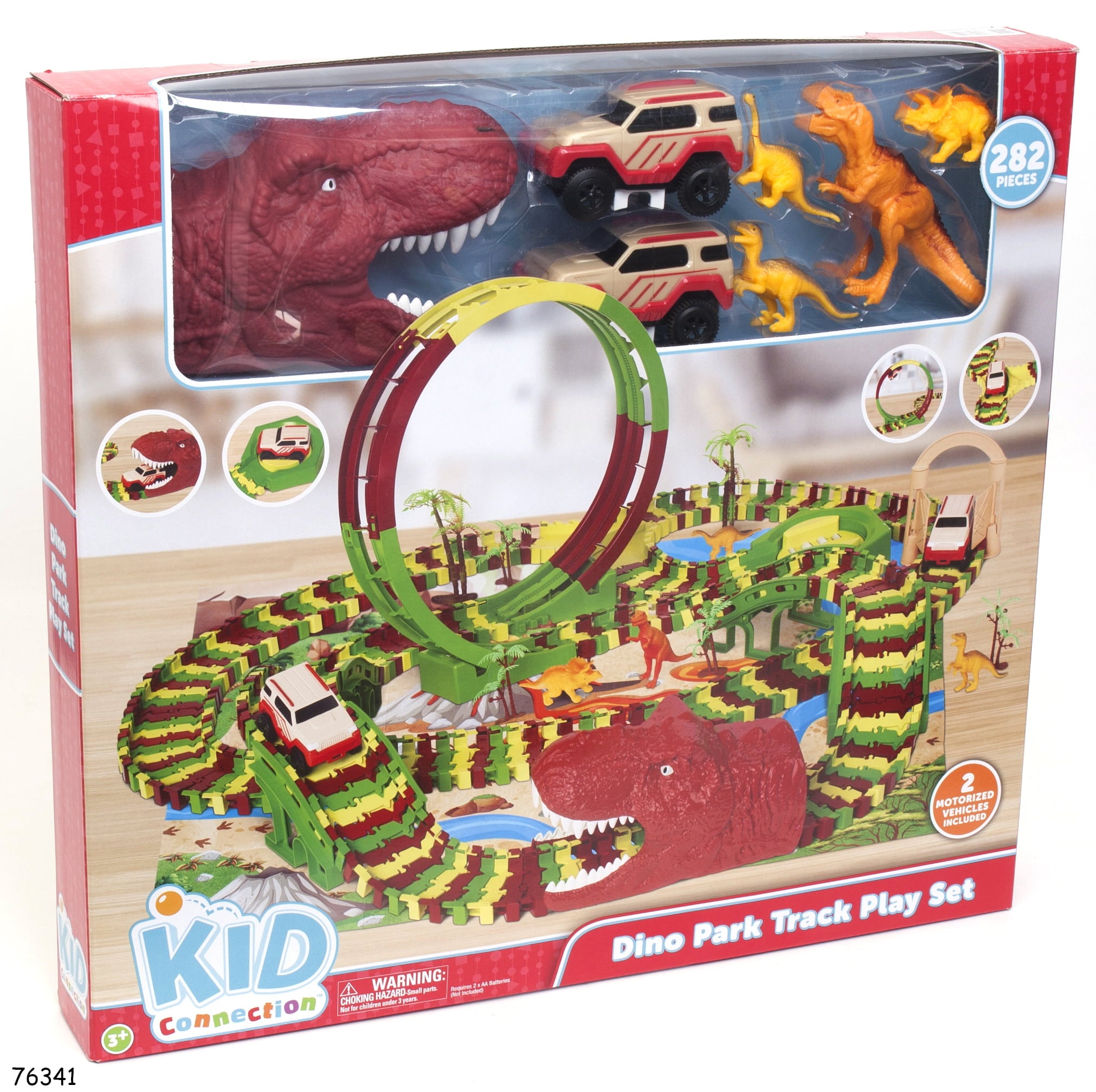 Kid Connection Dinosaur Park Vehicle Track Set， 282 pieces， Flexible Race Track， Motorized Vehicles， and Dinosaurs Included