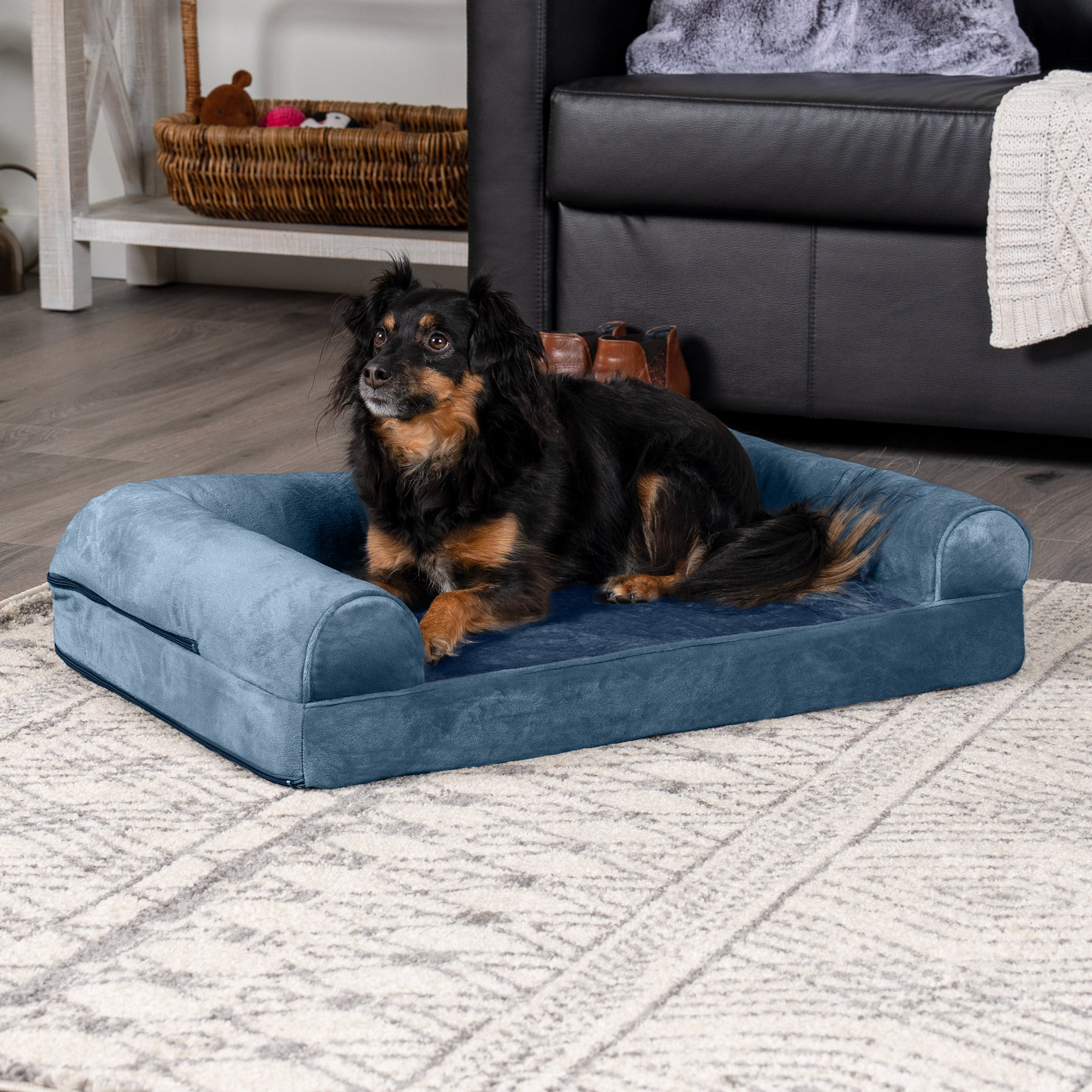 FurHaven | Orthopedic Faux Fur and Velvet Sofa Pet Bed for Dogs and Cats， Harbor Blue， Medium