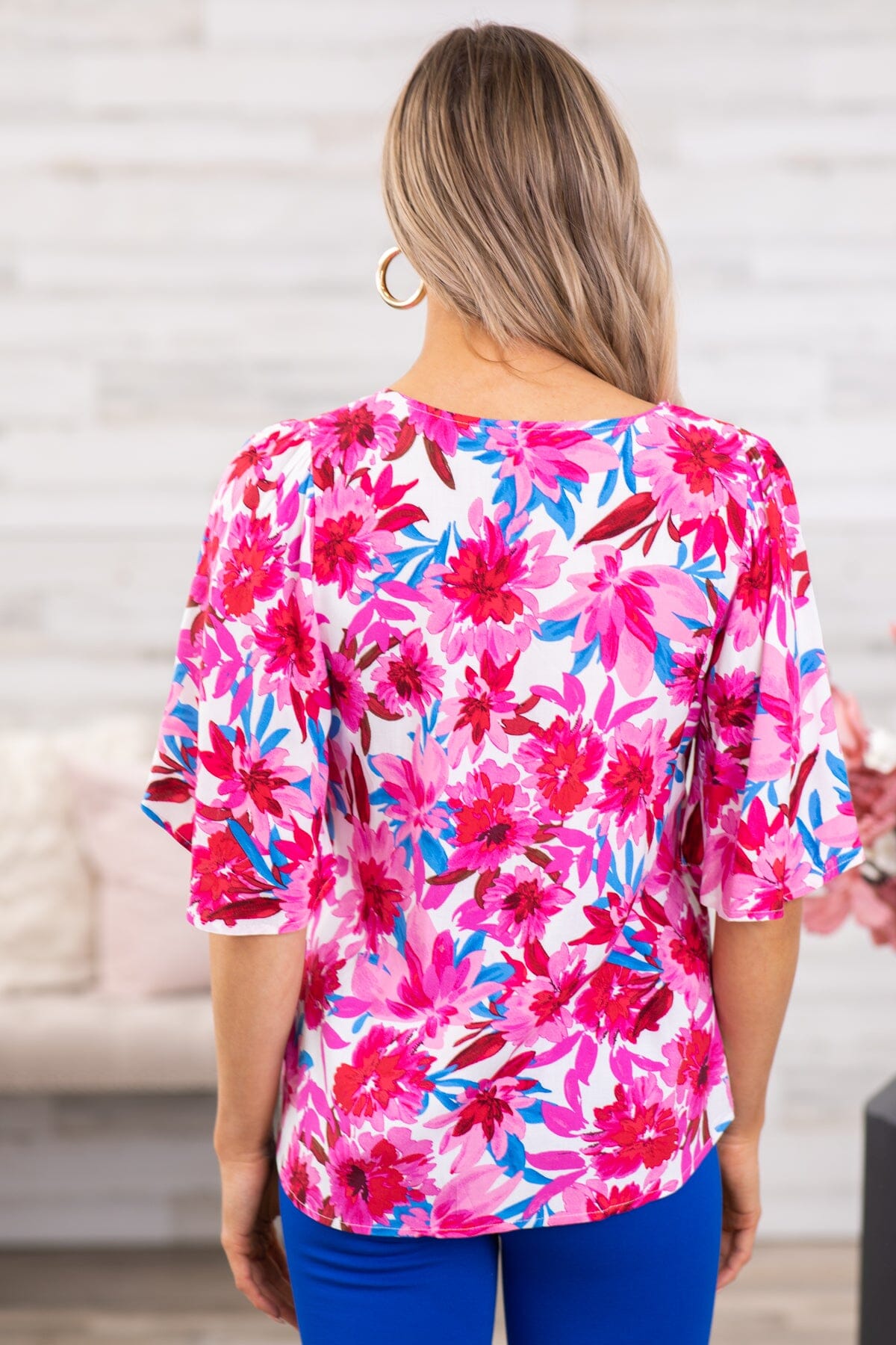Pink Multicolor Floral Bell Sleeve V-Neck Top