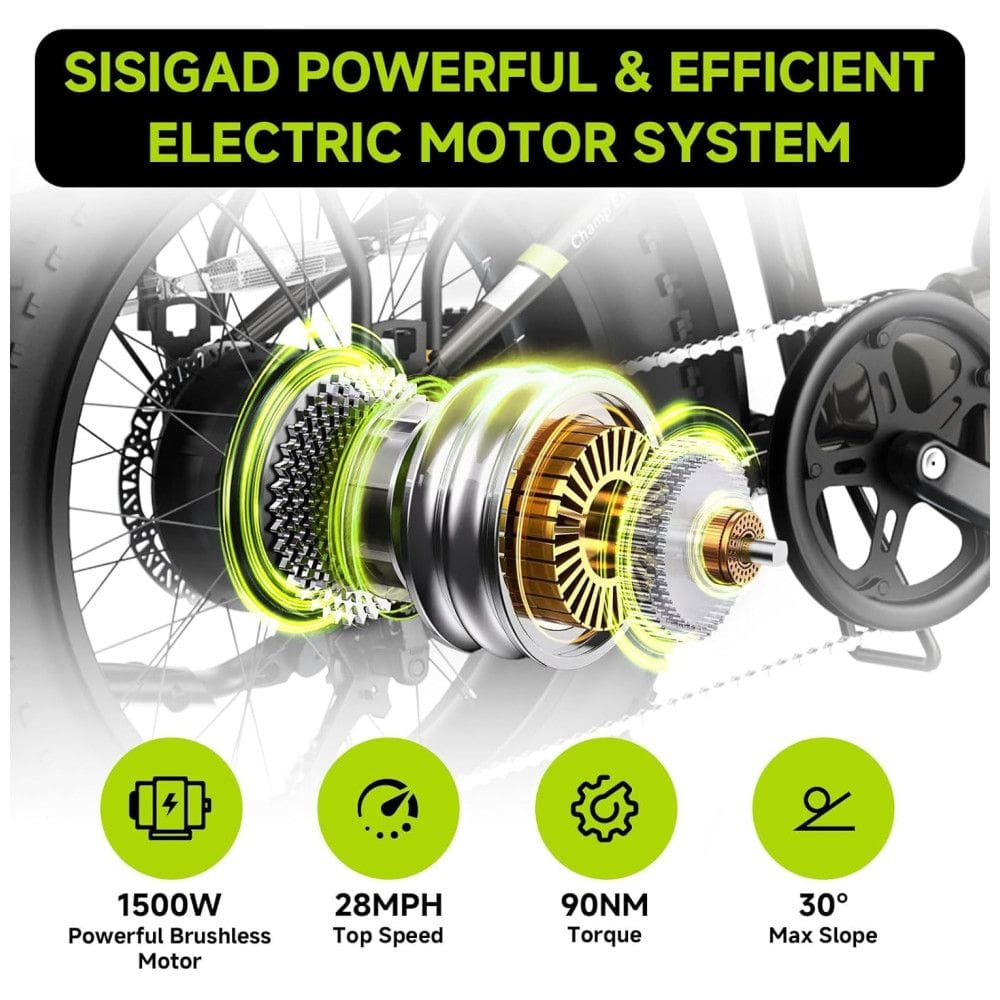 Bicicleta Elétrica Dobrável Sisigad 1500W Pico, Pneus Fat 20