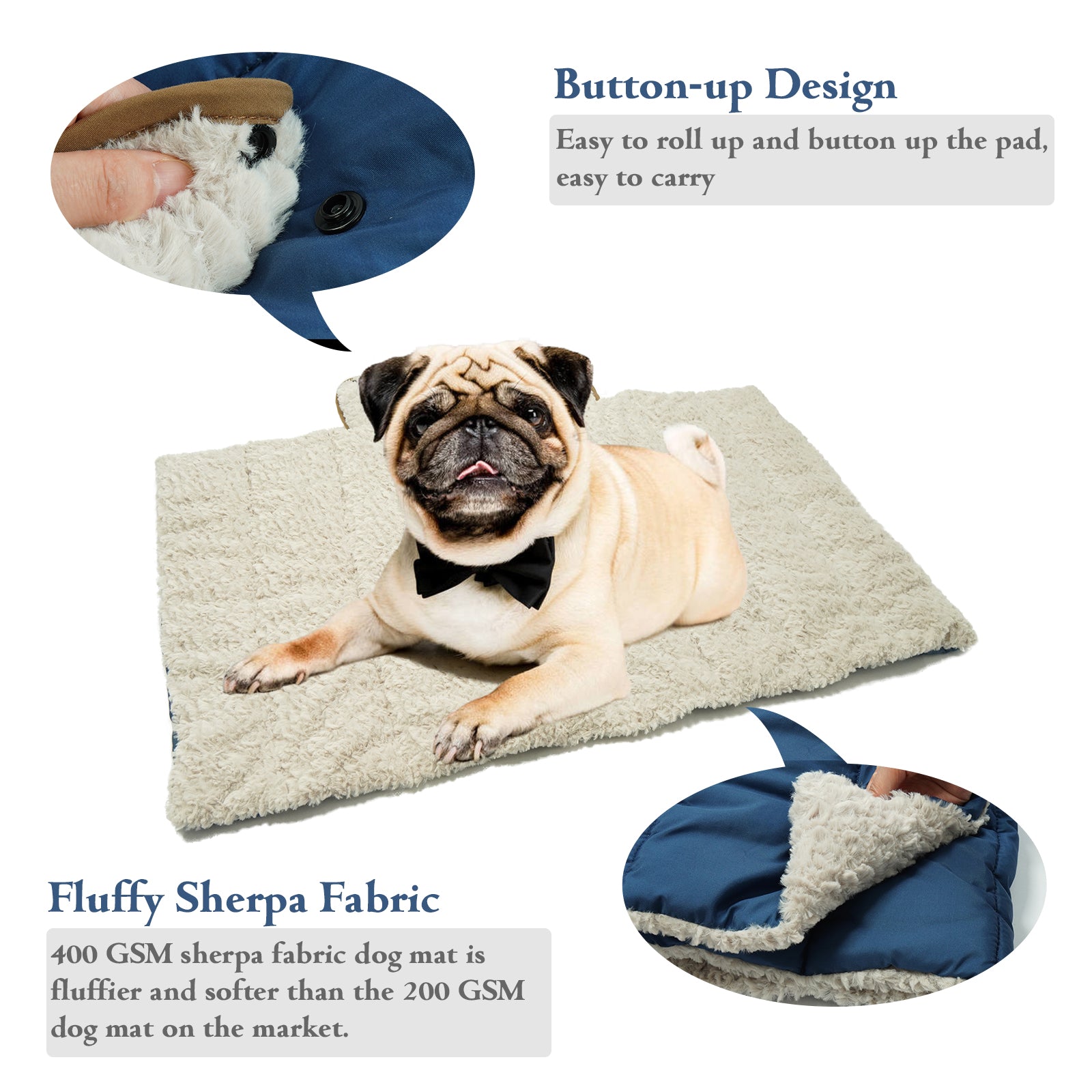 PUMYPOREITY Travel Dog Bed， Warm Dog Mat， Rollup Crate Mat， Dog Kennel Pad， Plush Soft Pet Beds for Dog or Cats， Blue