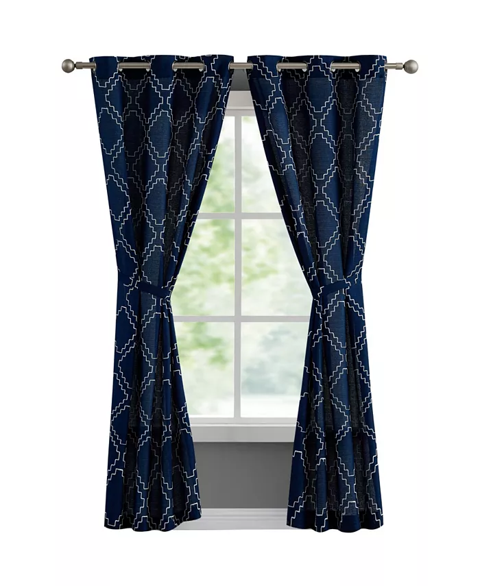 French Connection Somerset Embroidered Light Filtering Grommet Window Curtain Panel Pair with Tiebacks Collection