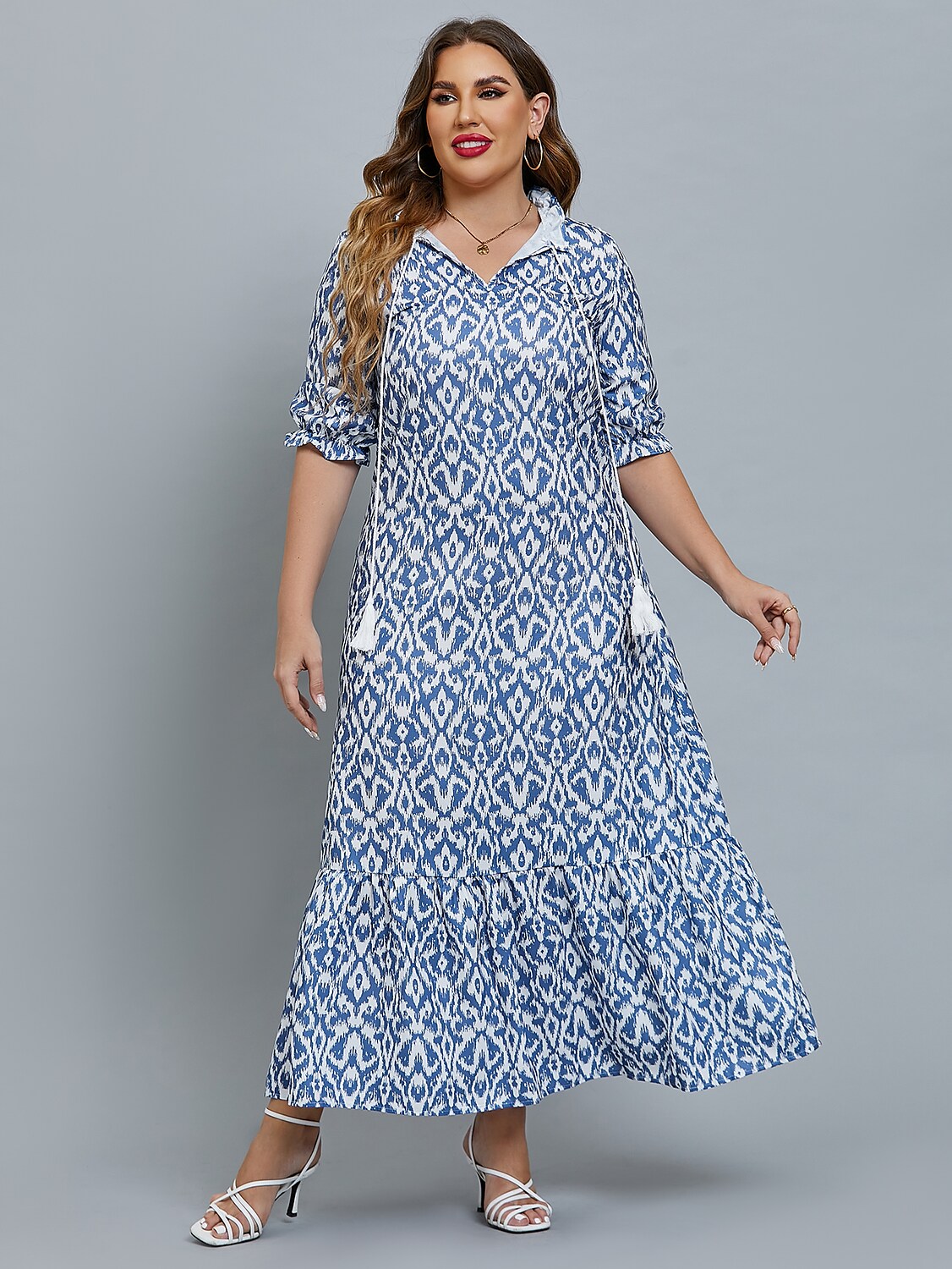 Women's Plus Size Curve A Line Dress Print V Neck Print Half Sleeve Spring Summer Basic Casual Maxi long Dress Daily Date Dress