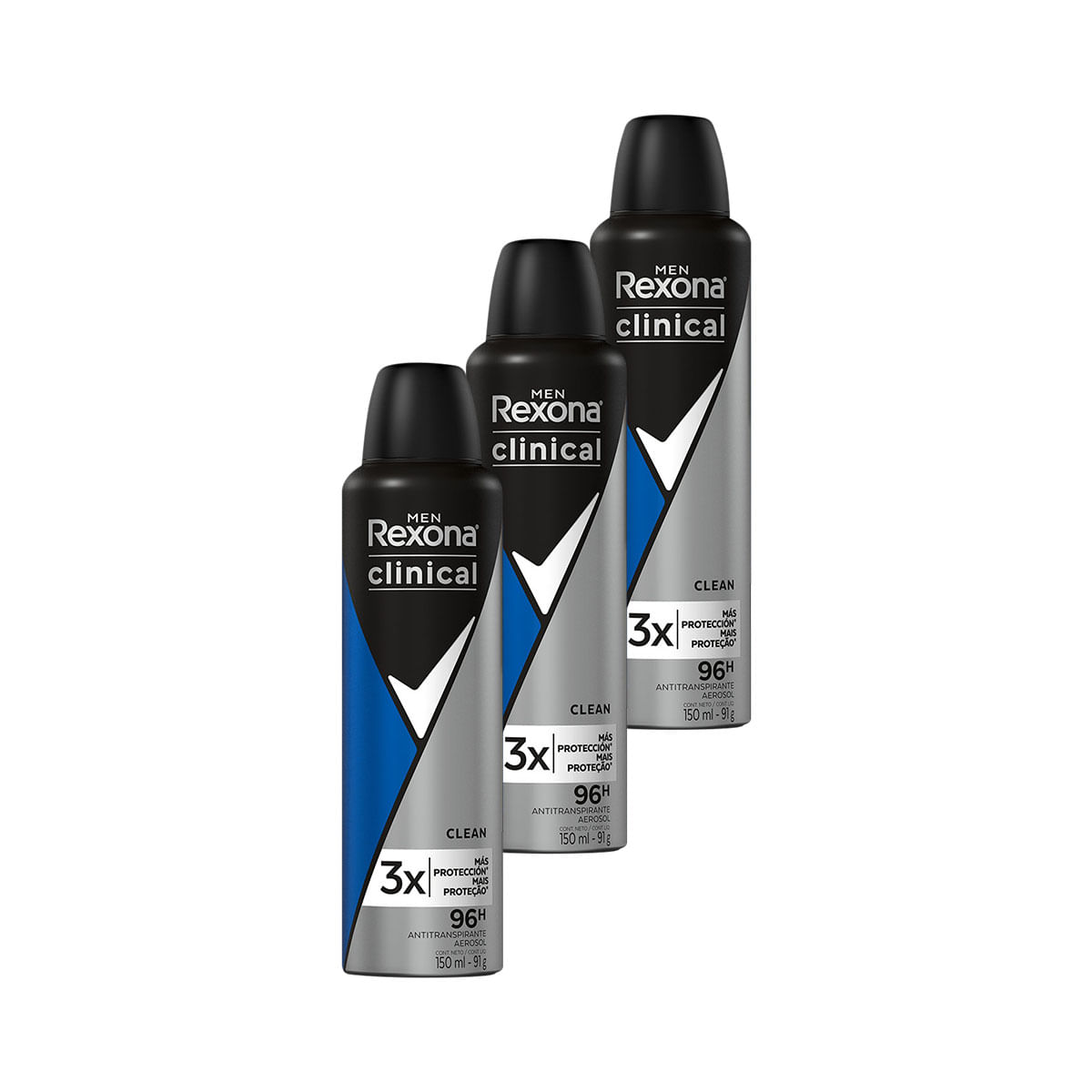 Kit com 3 Desodorantes Rexona Clinical Clean Masculino