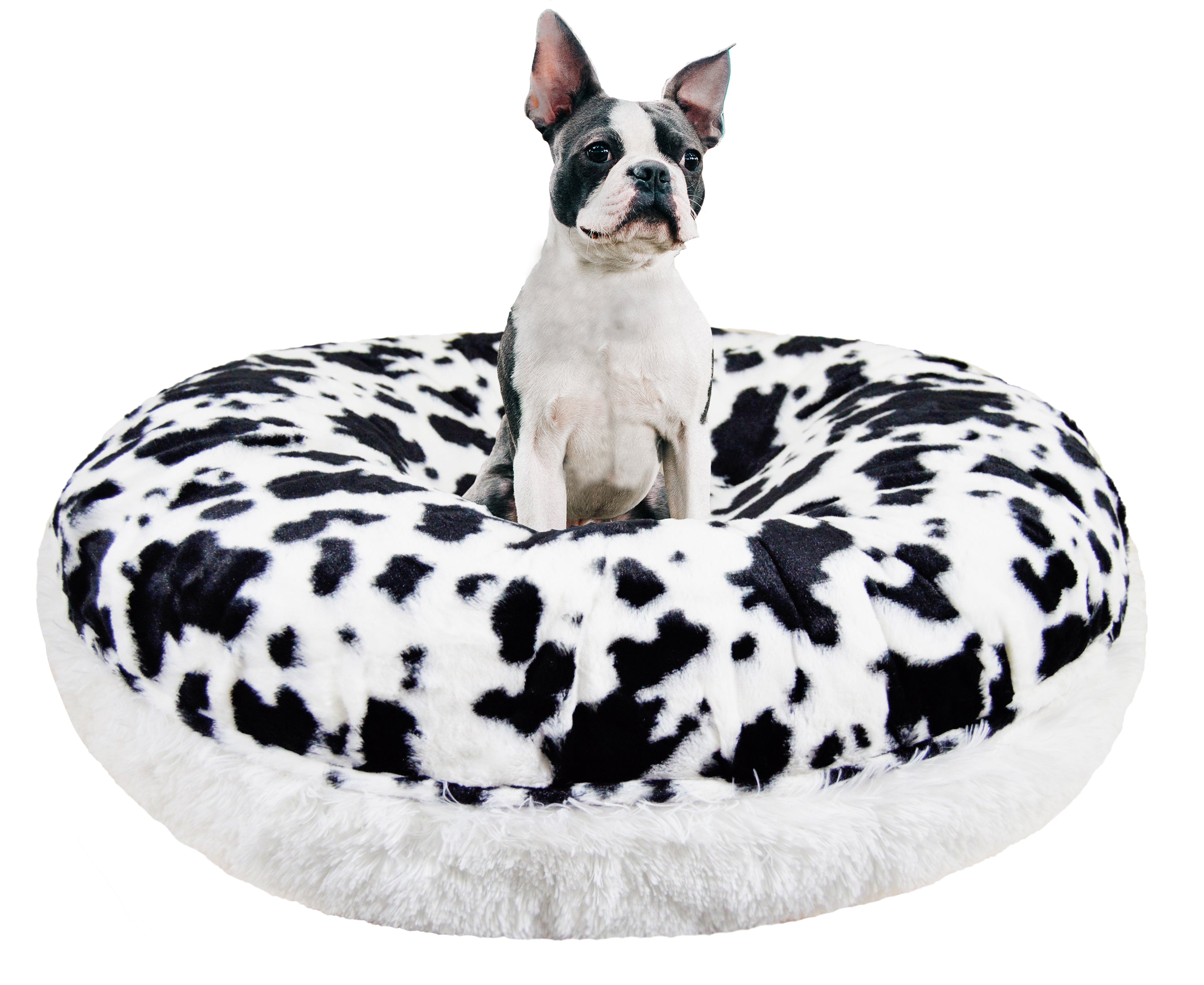 Bessie and Barnie Signature Spotted Pony / Snow White Luxury Shag Extra Plush Faux Fur Bagel Pet/ Dog Bed