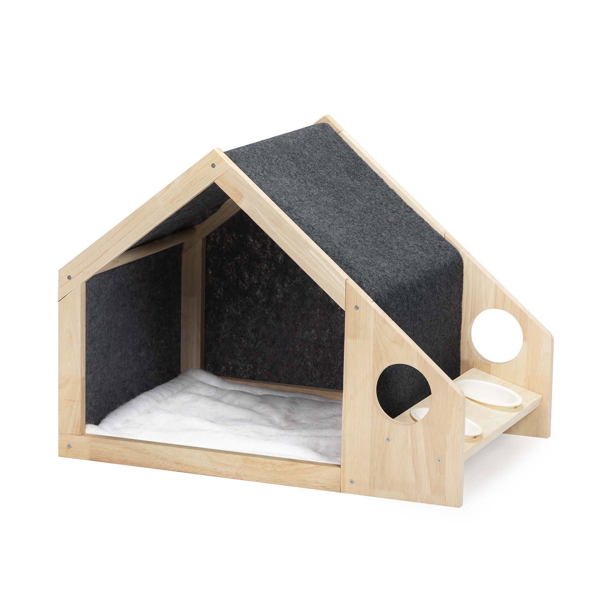 Gecheer 2-In-1 Wood Dog House Indoor， Cabin Dog Kennel with Cushioned Bed， Cover Scratcher， Feeding Bowls， Pet Habitat for Cats， Small and Medium Dogs， Natural and Gray