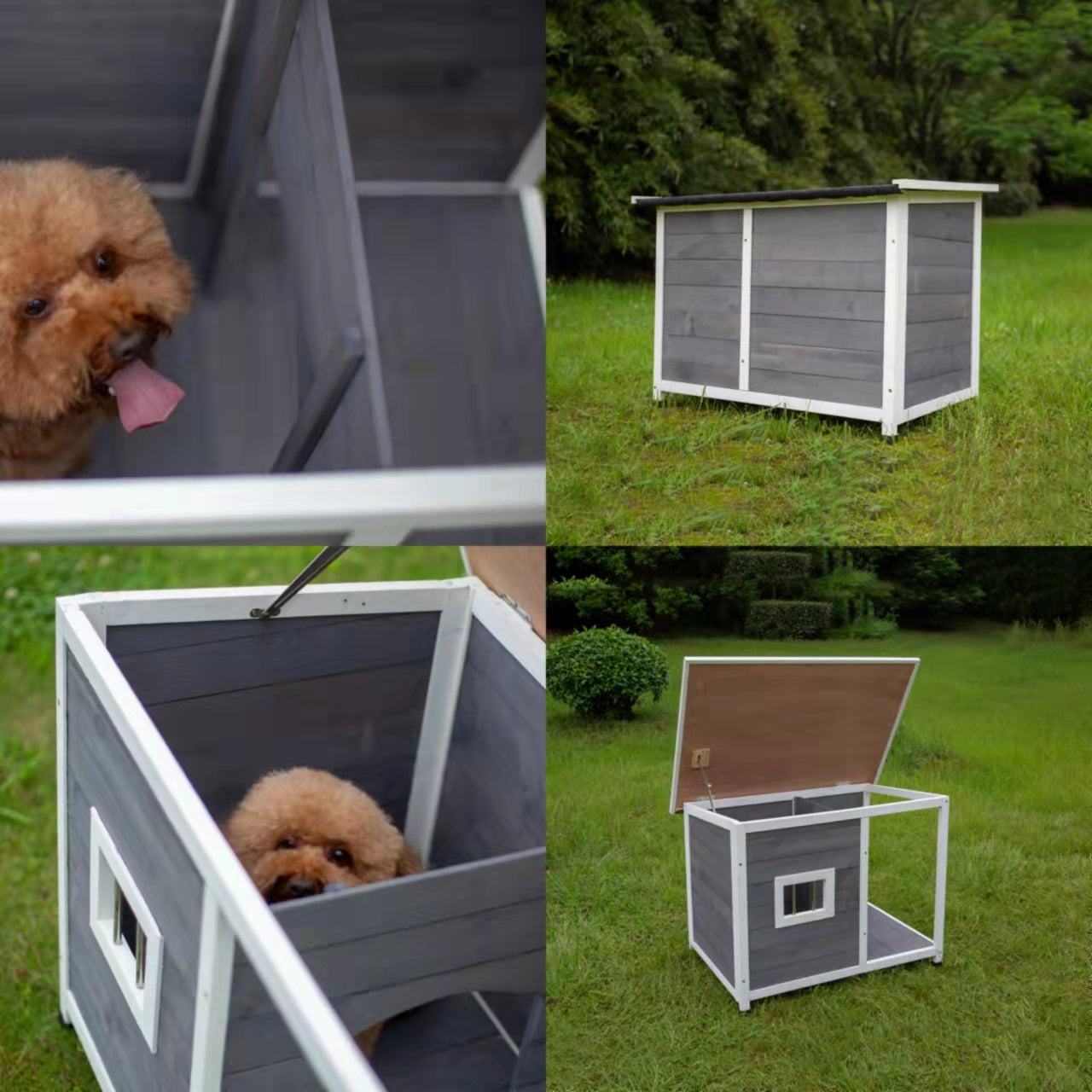 Wooden medium-sized outdoor kennel， waterproof with porch deck， gray and fashionable wooden Kennel