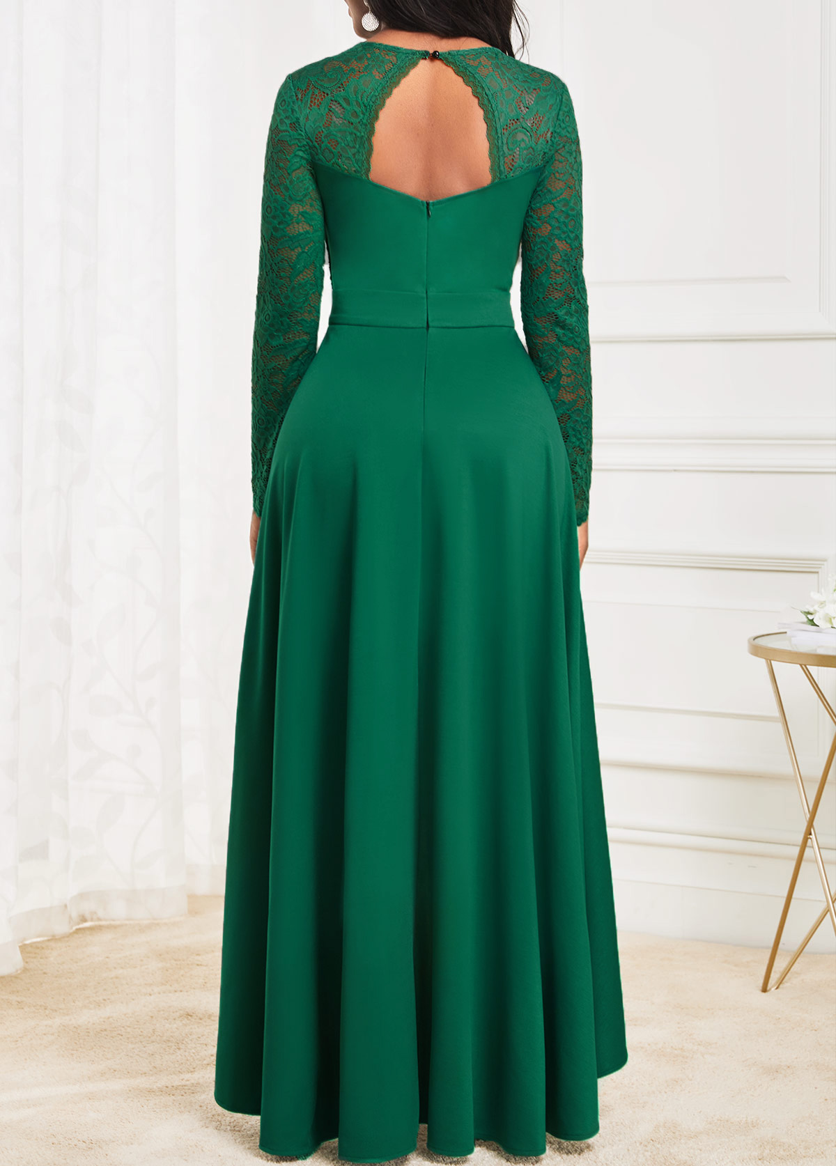 Green High Low V Neck Lace Dress