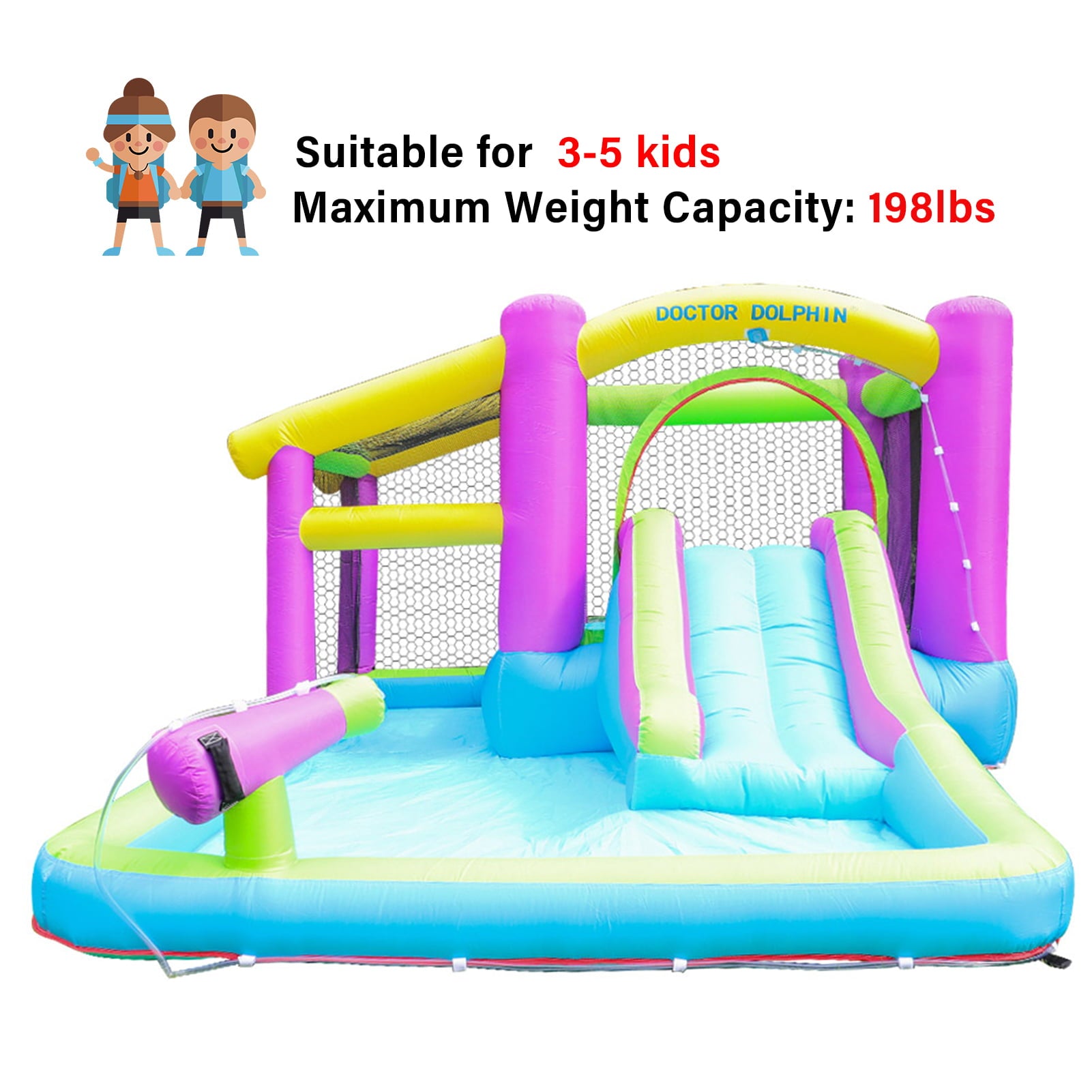 Doctor Dolphin Inflatable Bounce House with Water Slide Inflatable Water Park Jumping Castle with Blower Backyard Kids Party