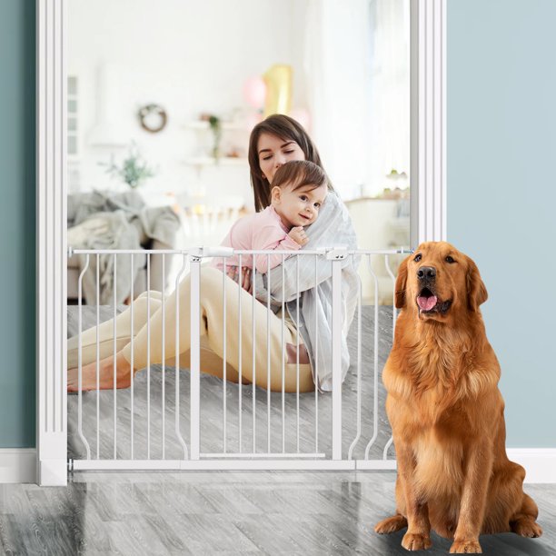 Extra Wide and Tall Baby Gate， Auto-Close and Hold-Open Pet Gates， Easy Walk Thru Indoor Safety Gate with 4 Pack of Pressure Mount Kit， Dog Gates with Optional Extension Kit for 57.5