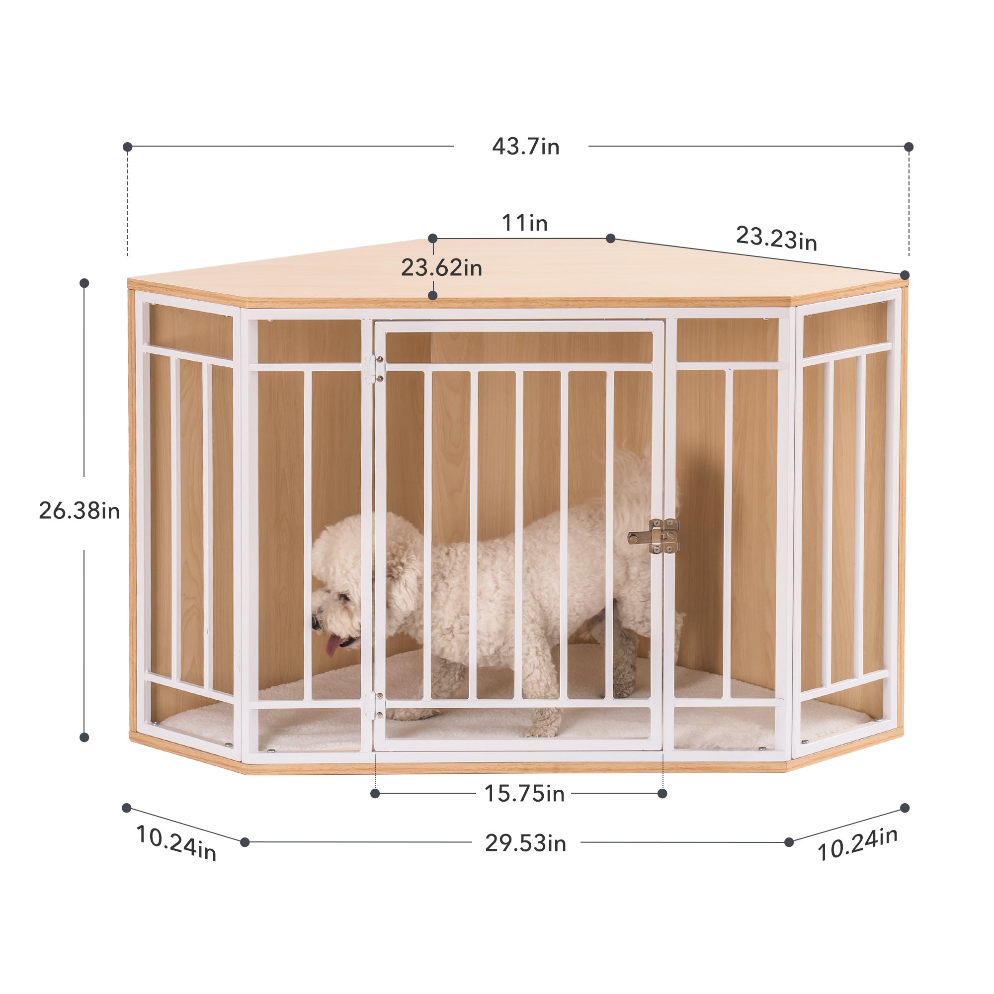 LANTRO JS Corner Dog Crate with Cushion， Dog Kennel with Wood and Mesh， Doghouse， Pet Crate Indoor Use