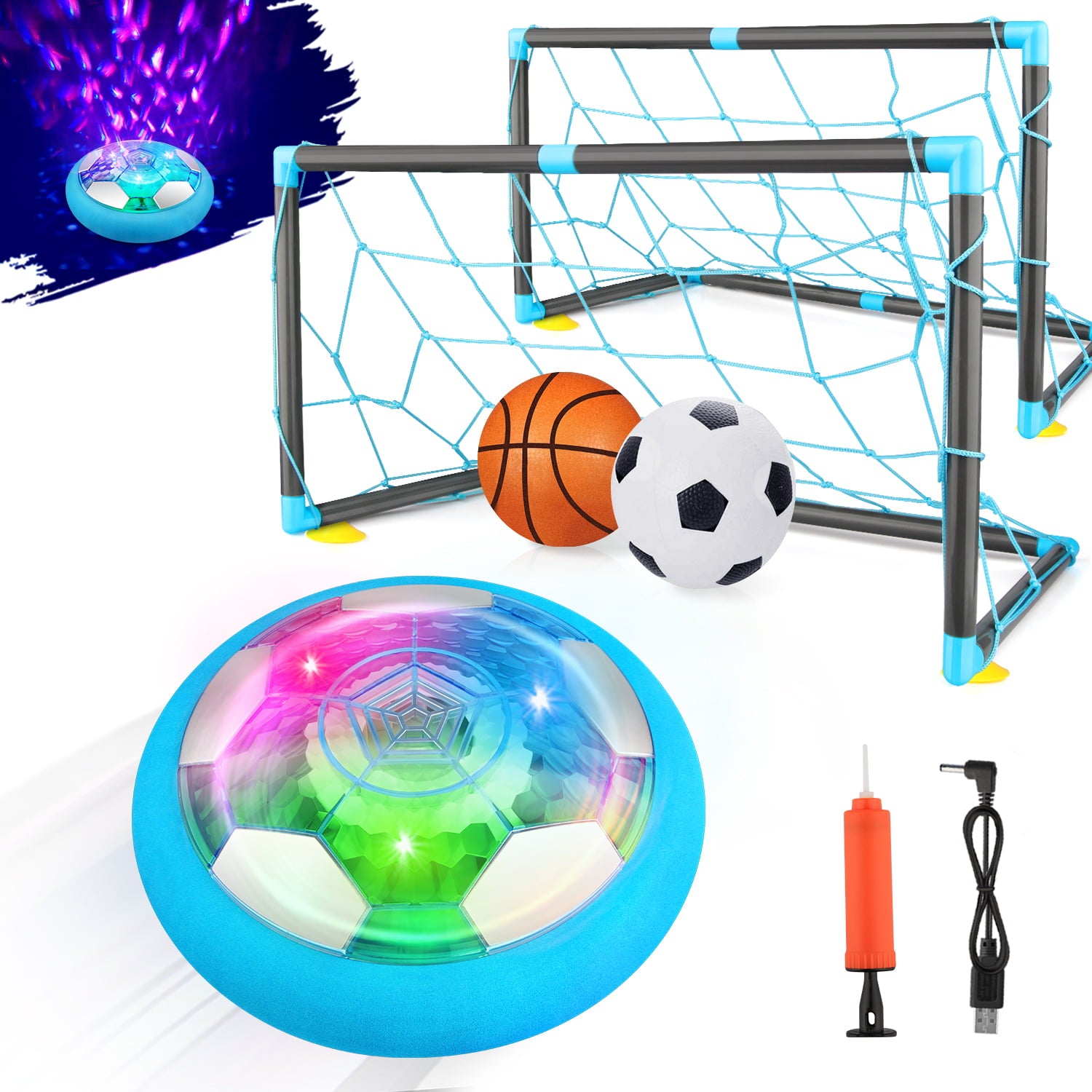 Growsly Soccer Set for Kids Boys Toddler 2-8 Years Old Hover Soccer Ball with 2 Goals， Electric LED Light， Light Blue