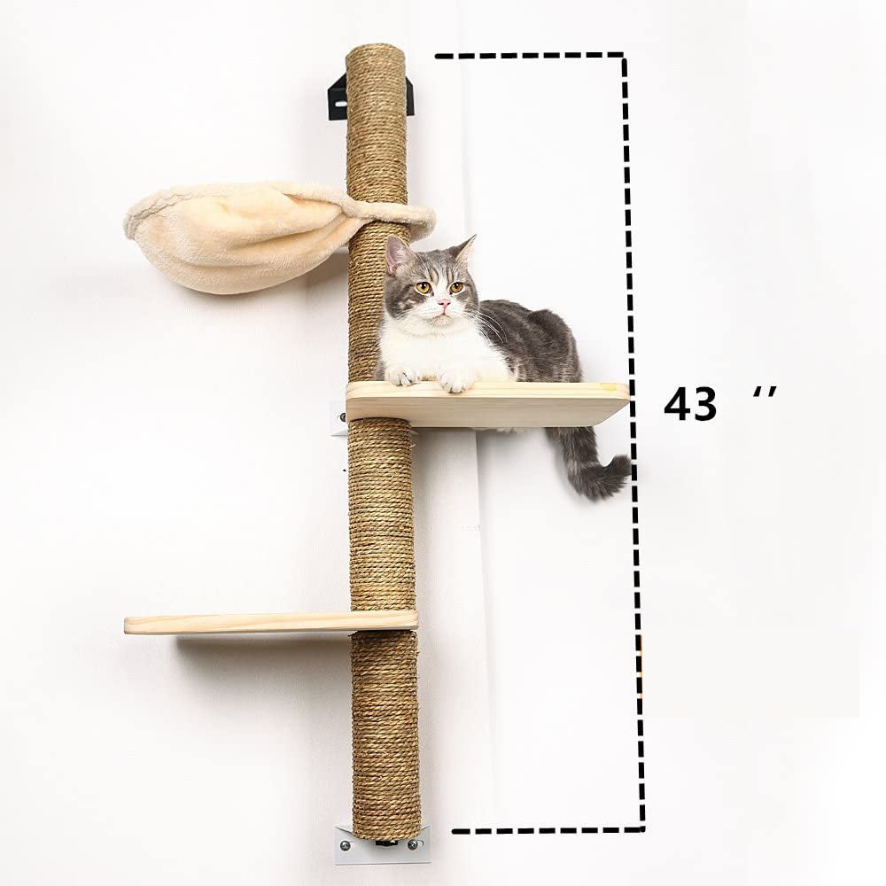 Wall Mounted Cat Scratching Post Multi Level Cat Shelves with Solid Wood Steps and Sunny Seat Hammock