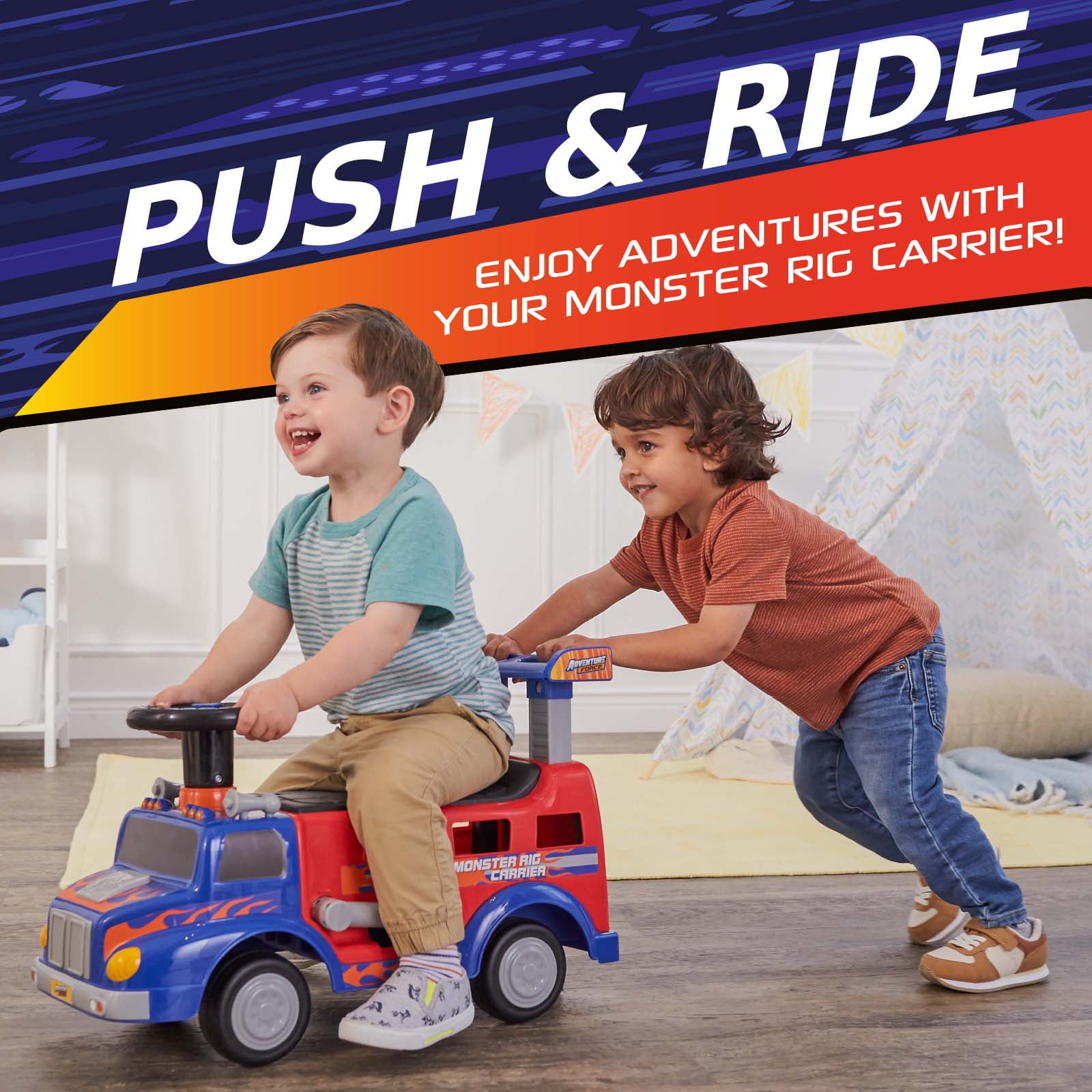 Ride On Toy Adventure Force Monster Rig Carrier Transportation Ride on for Kids 1-3 Years Old， Supports up to 44lbs