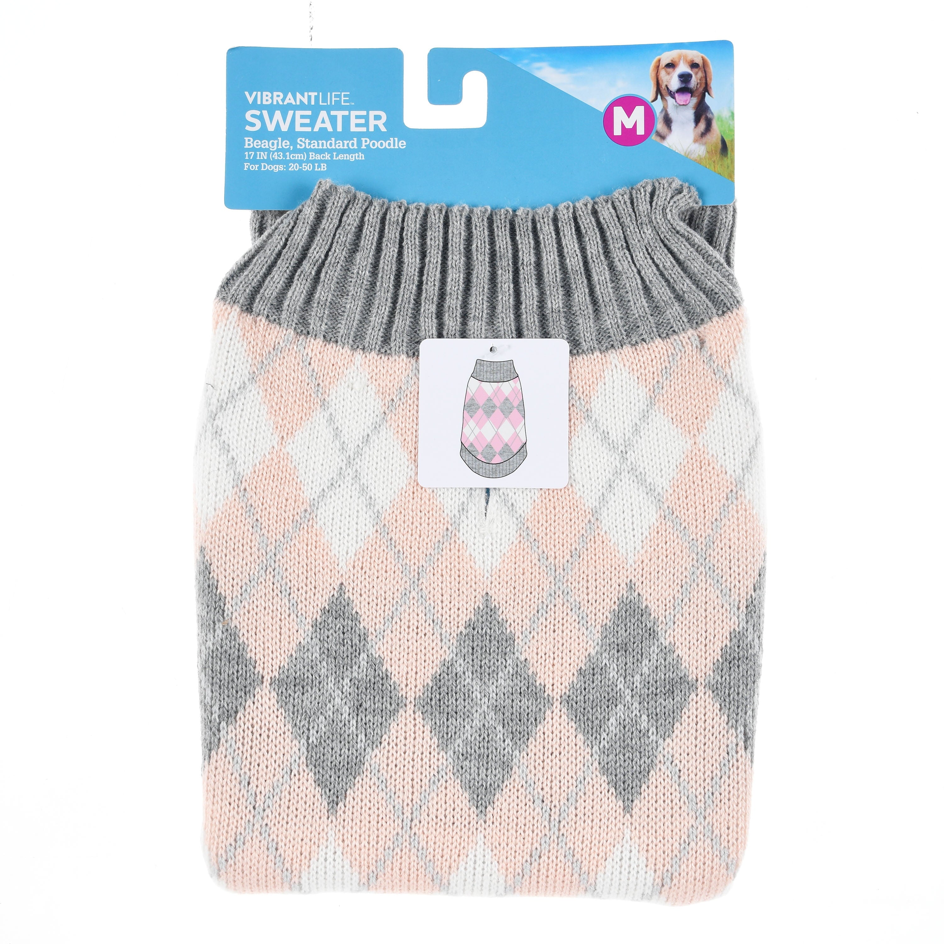 Vibrant Life Pastel Pink Argyle Dog Sweater， Large