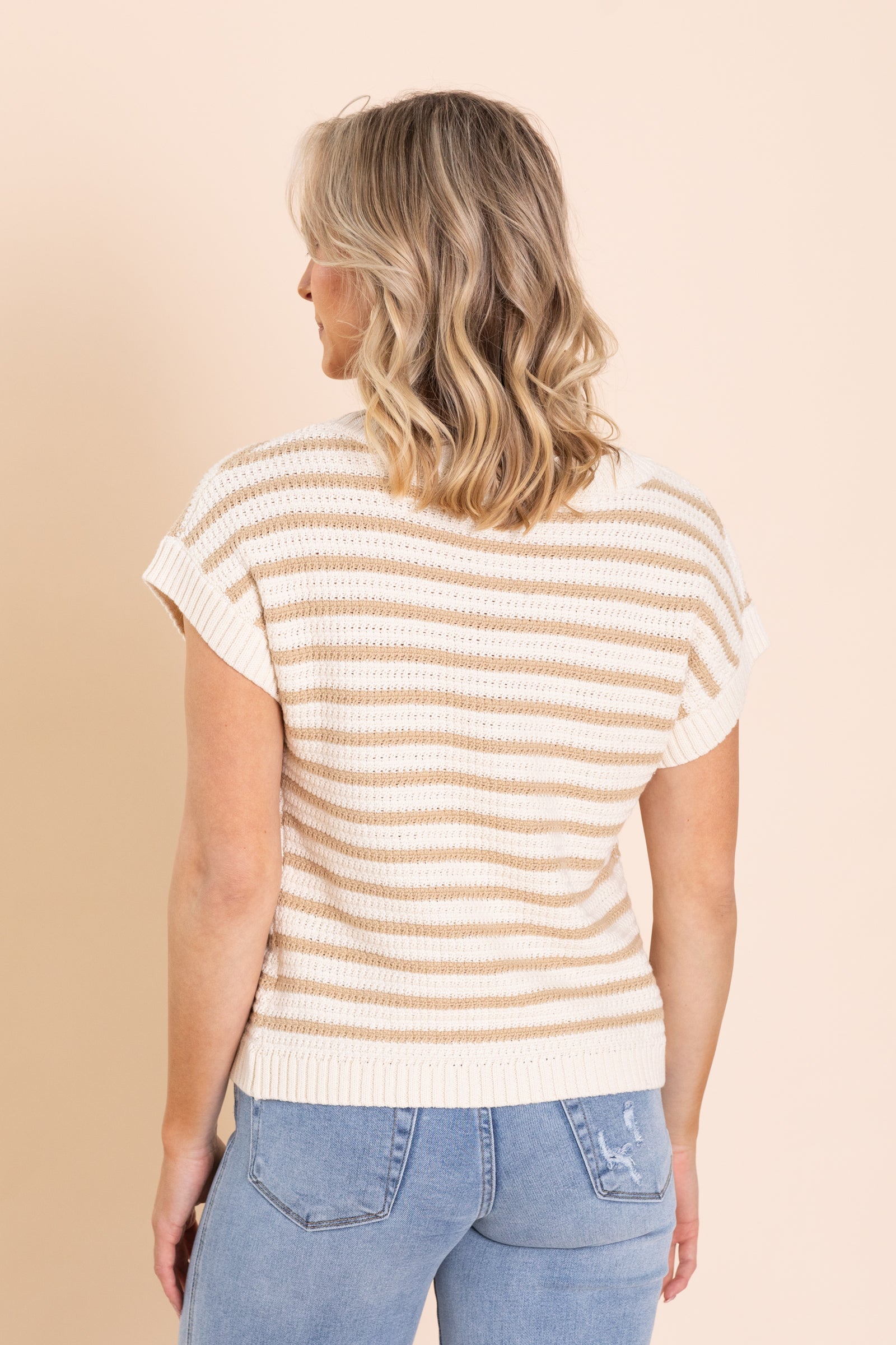 Tan Stripe Lightweight Short Sleeve Knit Top