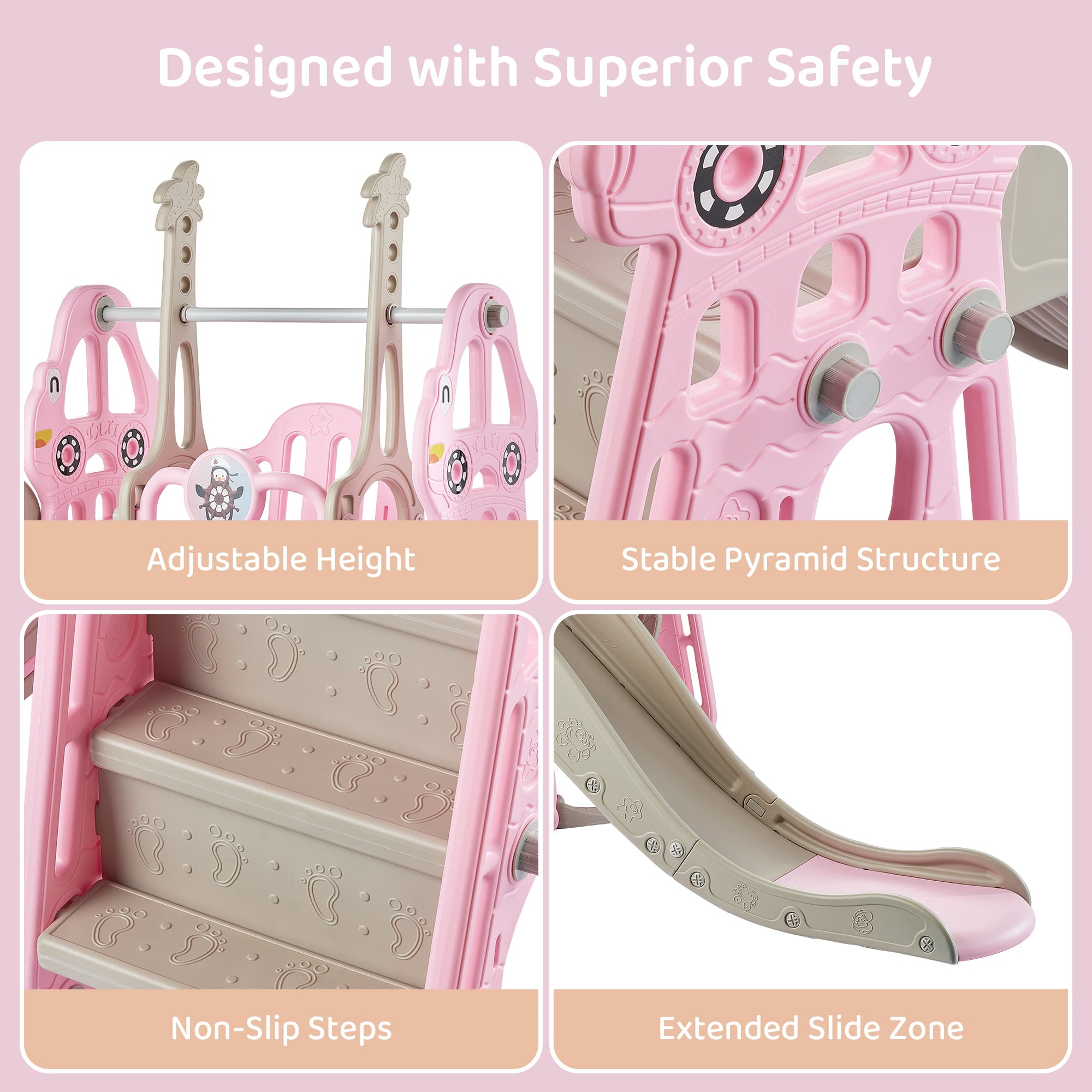 DUKE BABY 4-in-1 Kids Swing and Slide Set for Toddler Age 1-6， Extra Large Baby Indoor Outdoor Activity Playground with Basketball Hoop and Climber – Pink