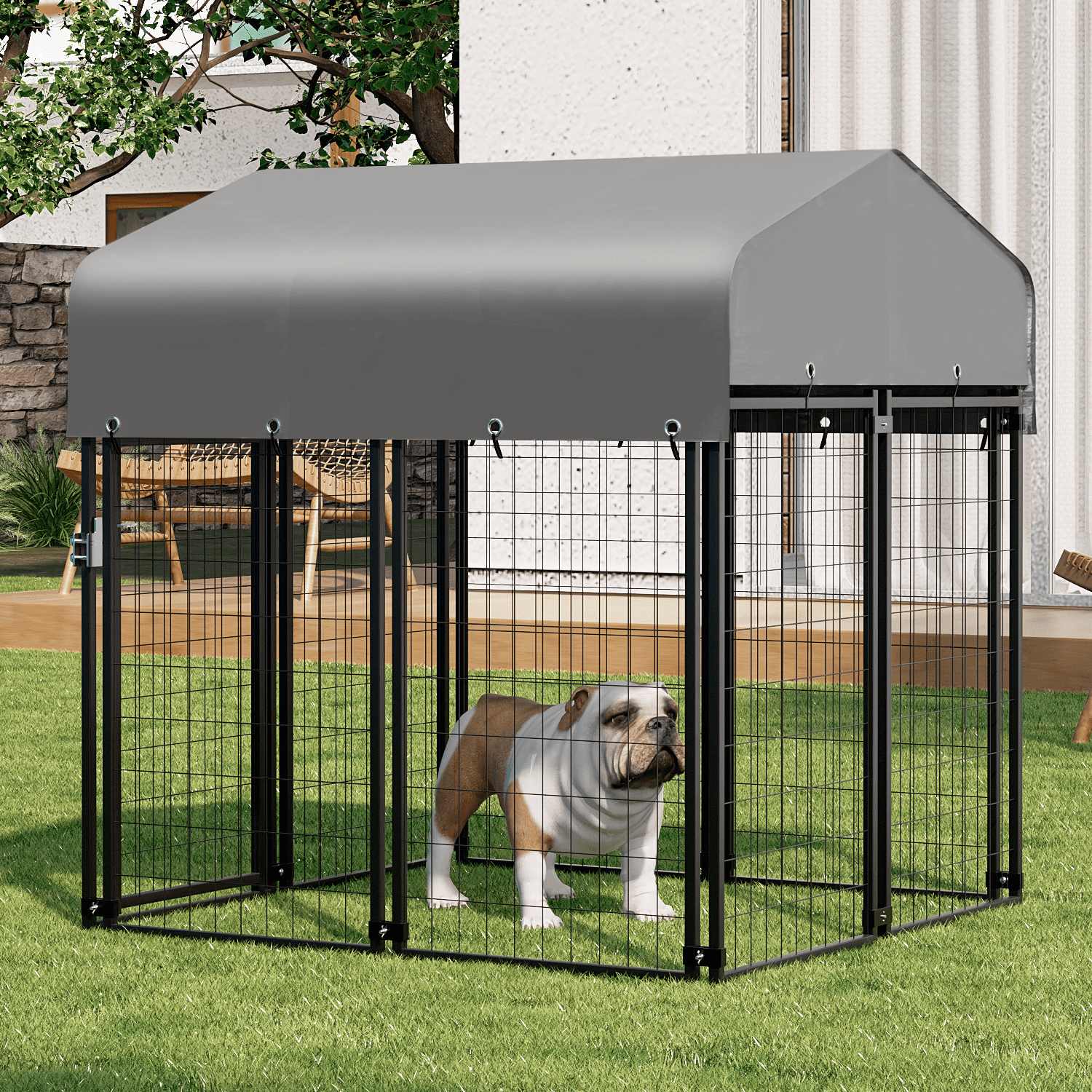 MoNiBloom 4ft x 4.25ft x 4.5ft Outdoor Dog Kennel with UV Protection Waterproof Cover and Roof， 8 Panels Welded Dog Pen Dog Playpen Dog Enclosure for Medium Dogs