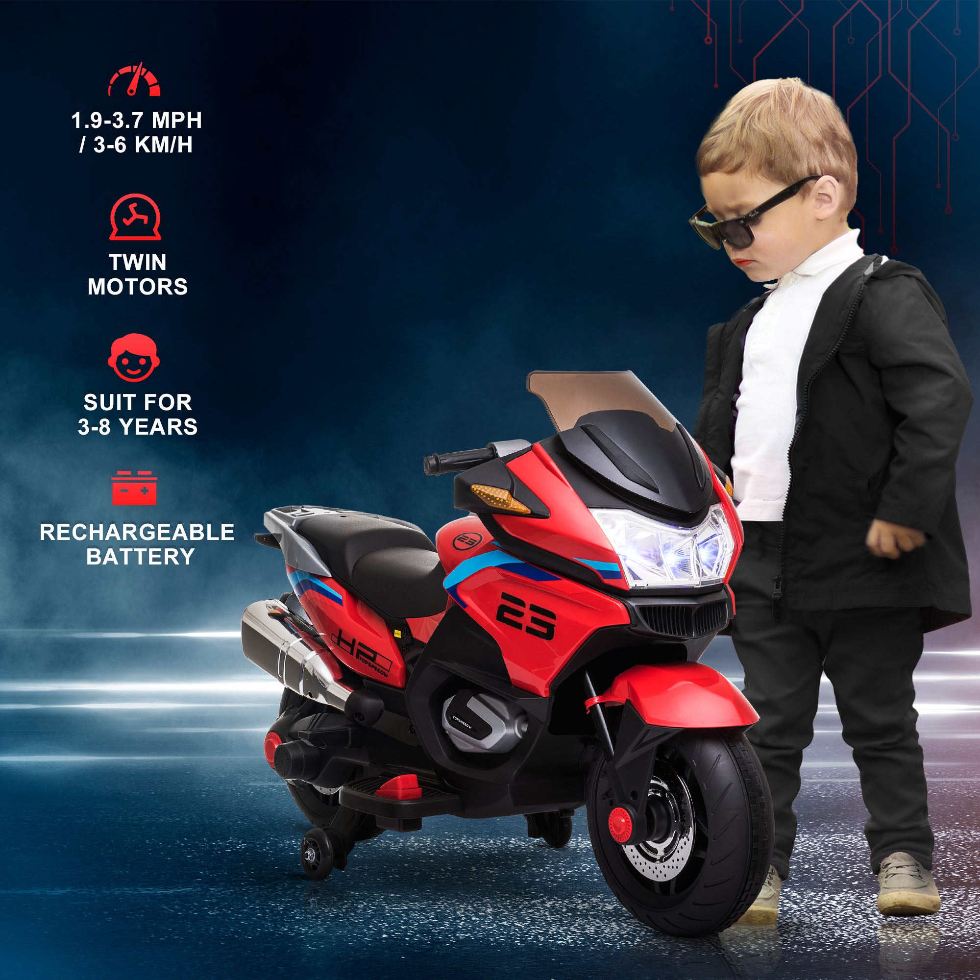 Aosom 12V Kids Electric Motorcycle with Training Wheels， Roaring Engine Design Battery Power Motorbike for Ages 3-8， High-Traction at 3.7 Mph Top Speed， with Light Music， Red