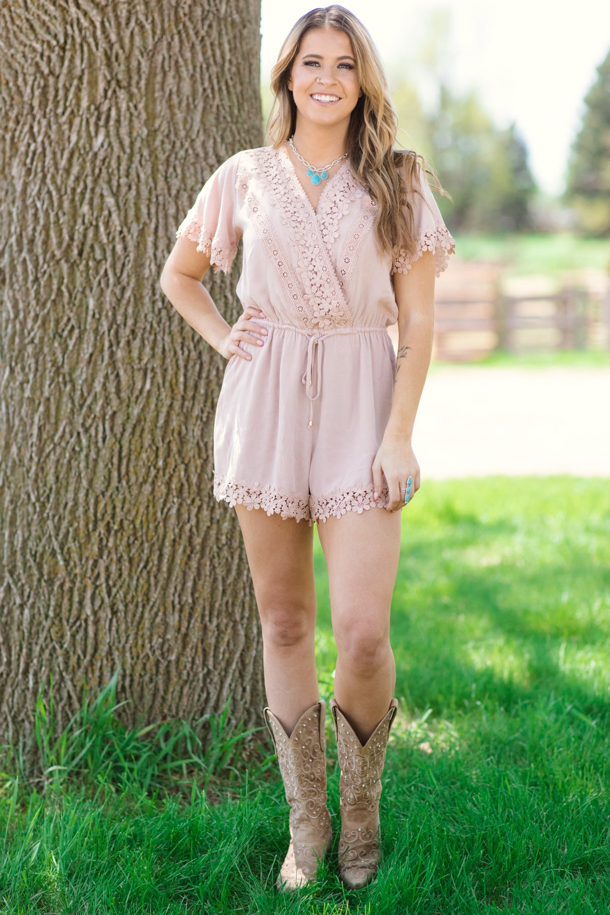 Tan Crochet Trim Short Sleeve Romper
