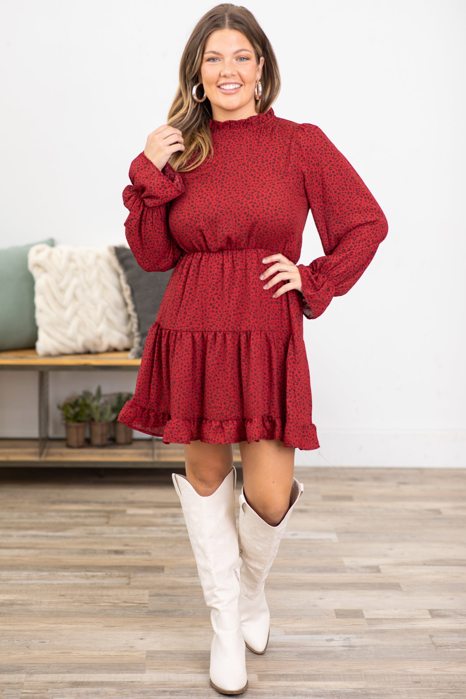 Wine and Black Animal Print Long Sleeve Dress