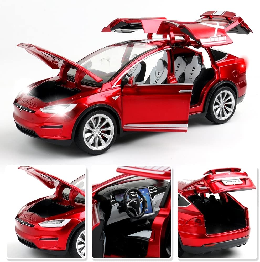 Cocobaby 1:24 Scale Tesla Model X Alloy Car Model Diecast Toy Vehicles for Kids， Tesla car Model，Pull Back Alloy Car with Lights and Music，Children's Birthday， car Model Collections.