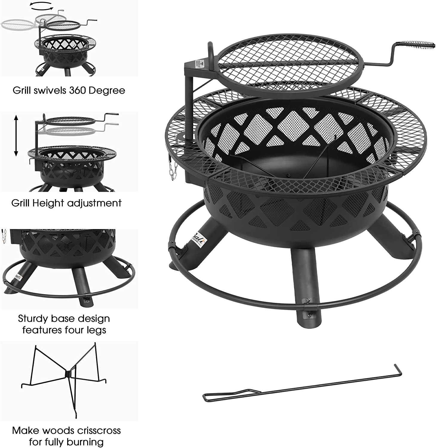 BALI OUTDOORS Wood Burning Fire Pit with Quick Removable Cooking Grill， Black
