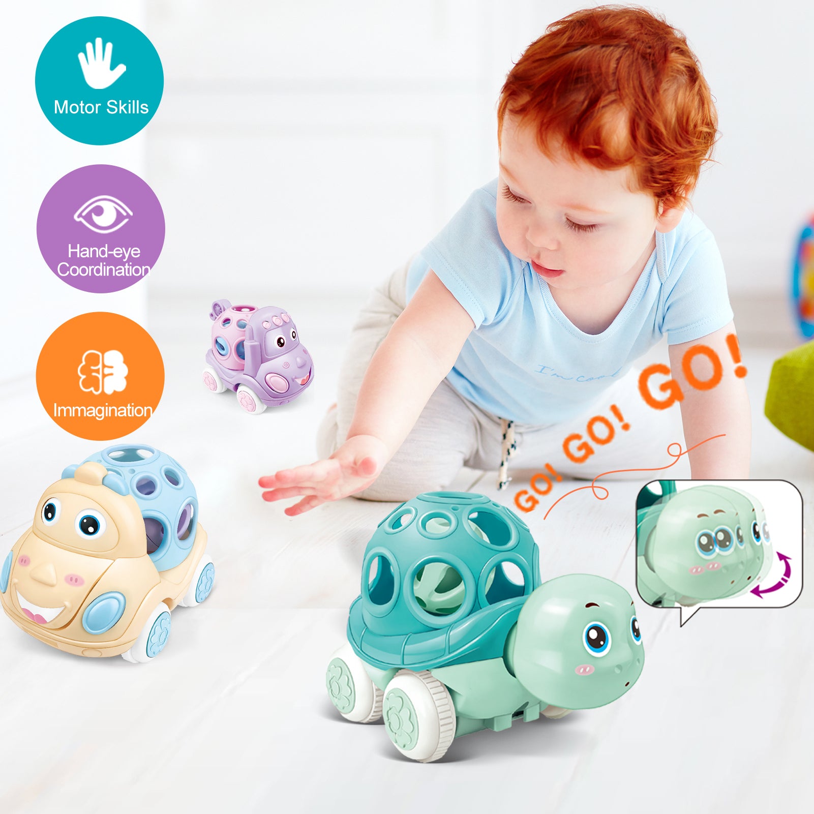 Baby Toy Cars for 1 Year Old， Toddler Soft Trucks Rattle Infant Toy 6-12 Months Boy Girl， 3 Pack Friction Powered Vehicle First Birthday for Kids