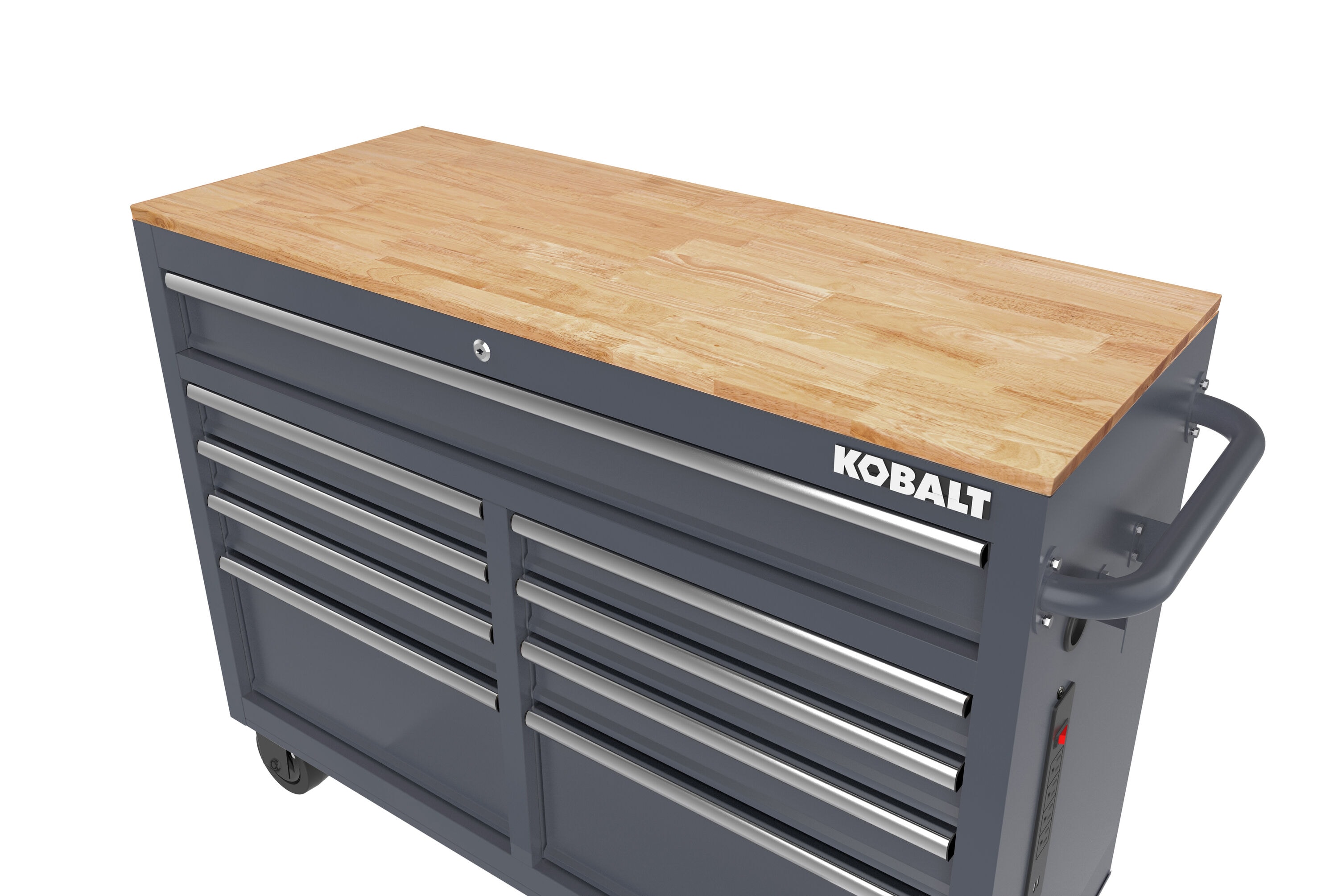 Bancada de trabalho Kobalt com 9 gavetas, 117 cm de comprimento x 94,5 cm de altura, em madeira preta/azul, com rodízios.