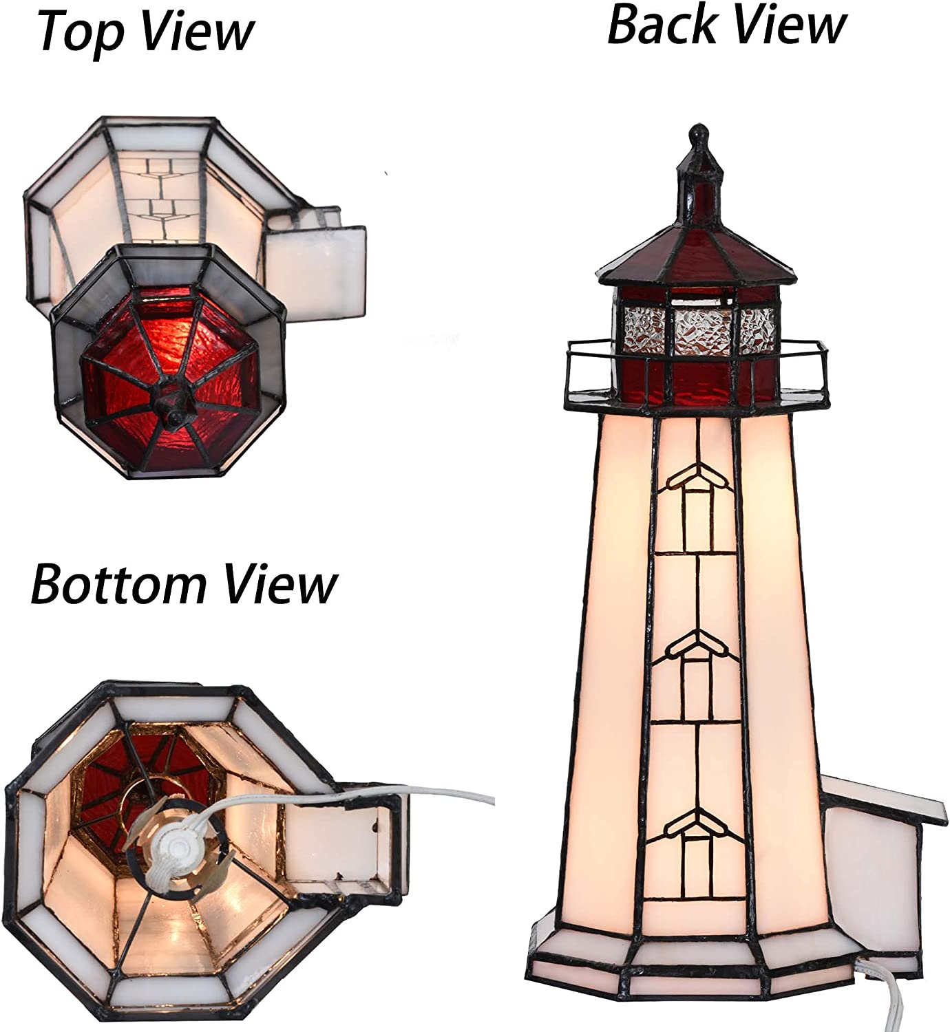 SHADY L10770 Peggy's Point Lighthouse  Style Stained Glass Accent Table Lamp Night Light  12-inches Tall