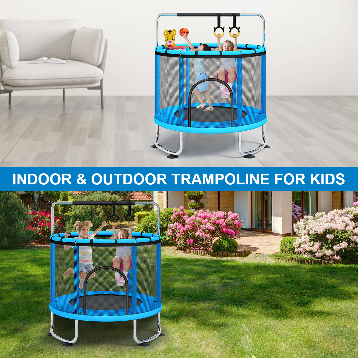 Fisca 55''Mini Toddler Trampolines with Handle Bar for Kids ， Toddler Basketball Hoop Trampoline with Enclosure Net and Rings， 555lbs Load