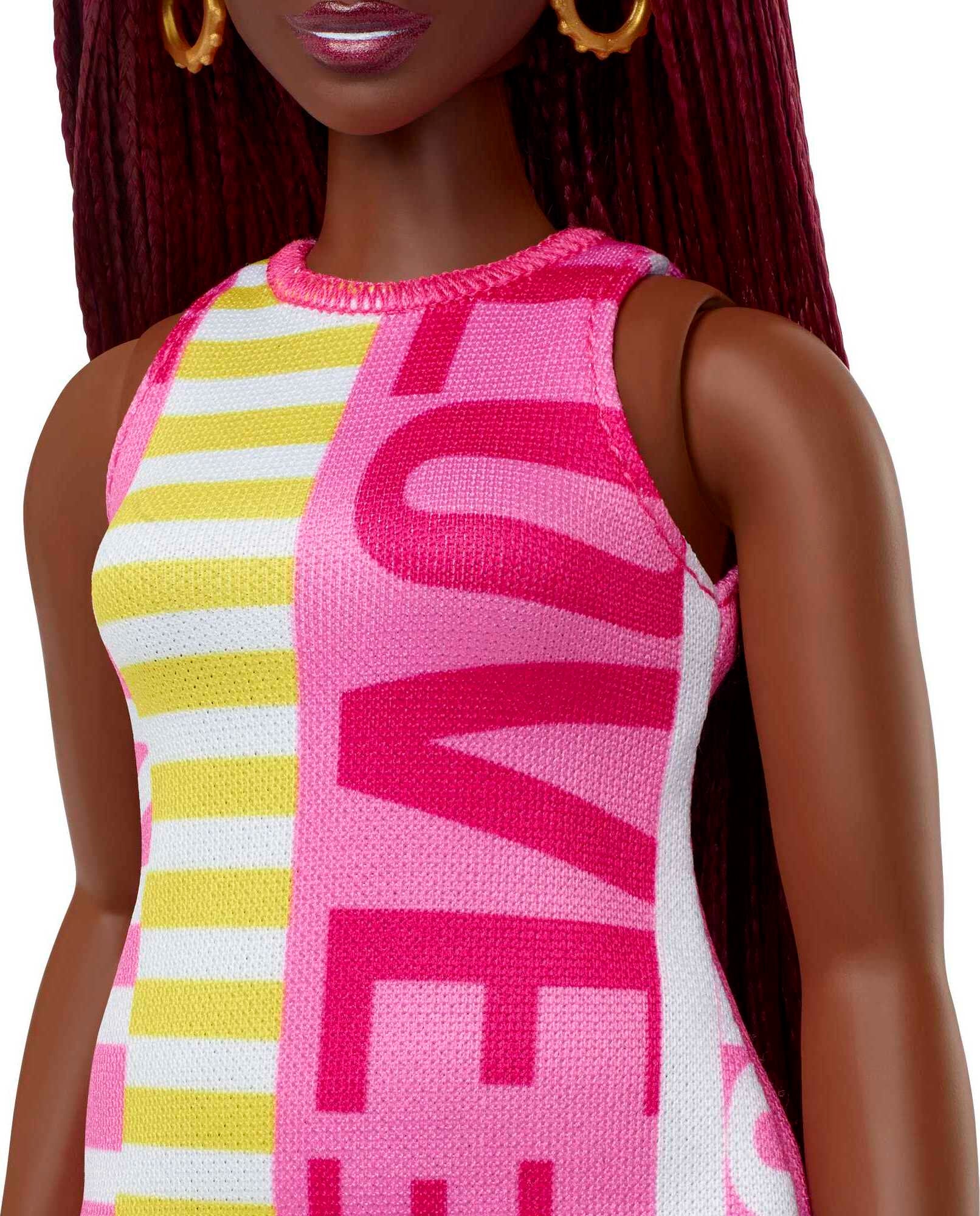 Barbie Fashionistas Doll #189 in Sleeveless Dress with Curvy Body, Crimson Braids & Accessories