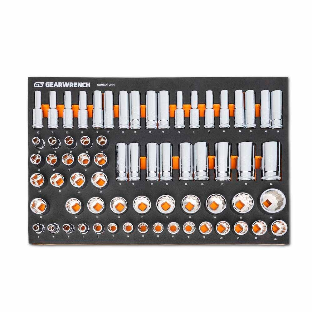GearWrench MEGAMOD358 - Jogo de ferramentas mecânicas métricas MEGAMOD com 358 peças, acondicionadas em bandejas modulares de espuma com armário sobre rodas.