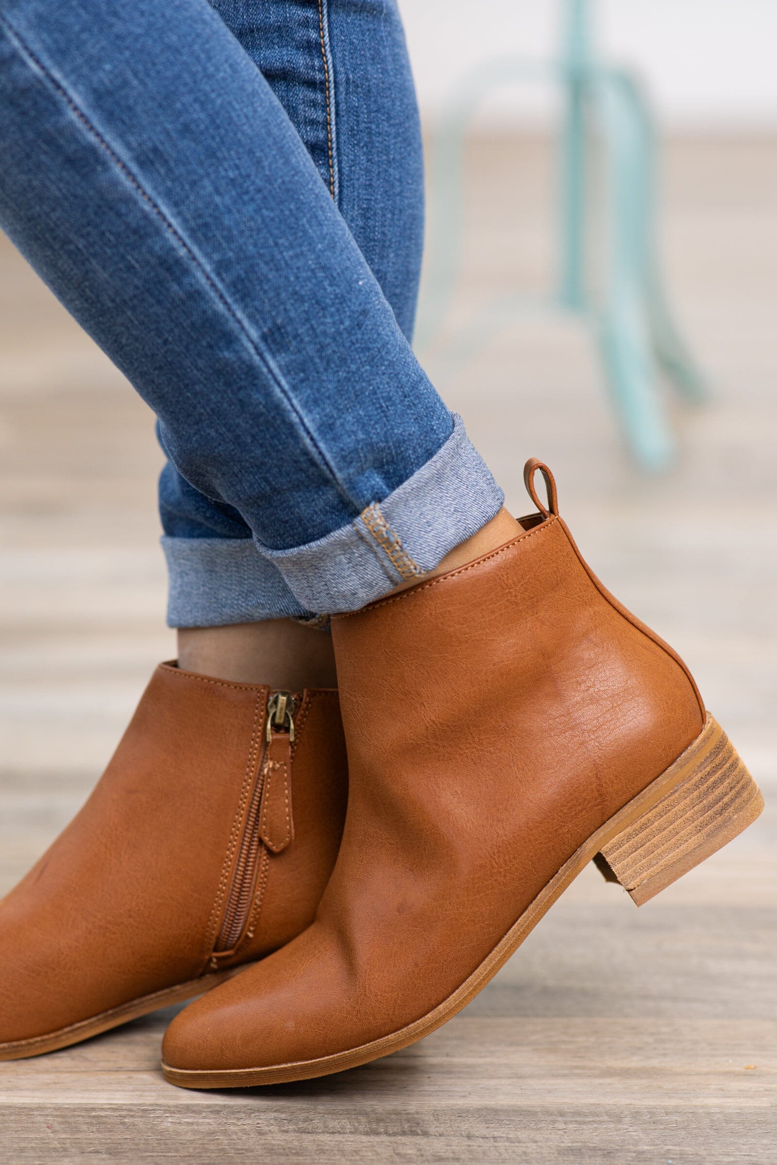 Dark Camel Ankle Bootie With Pull Tab