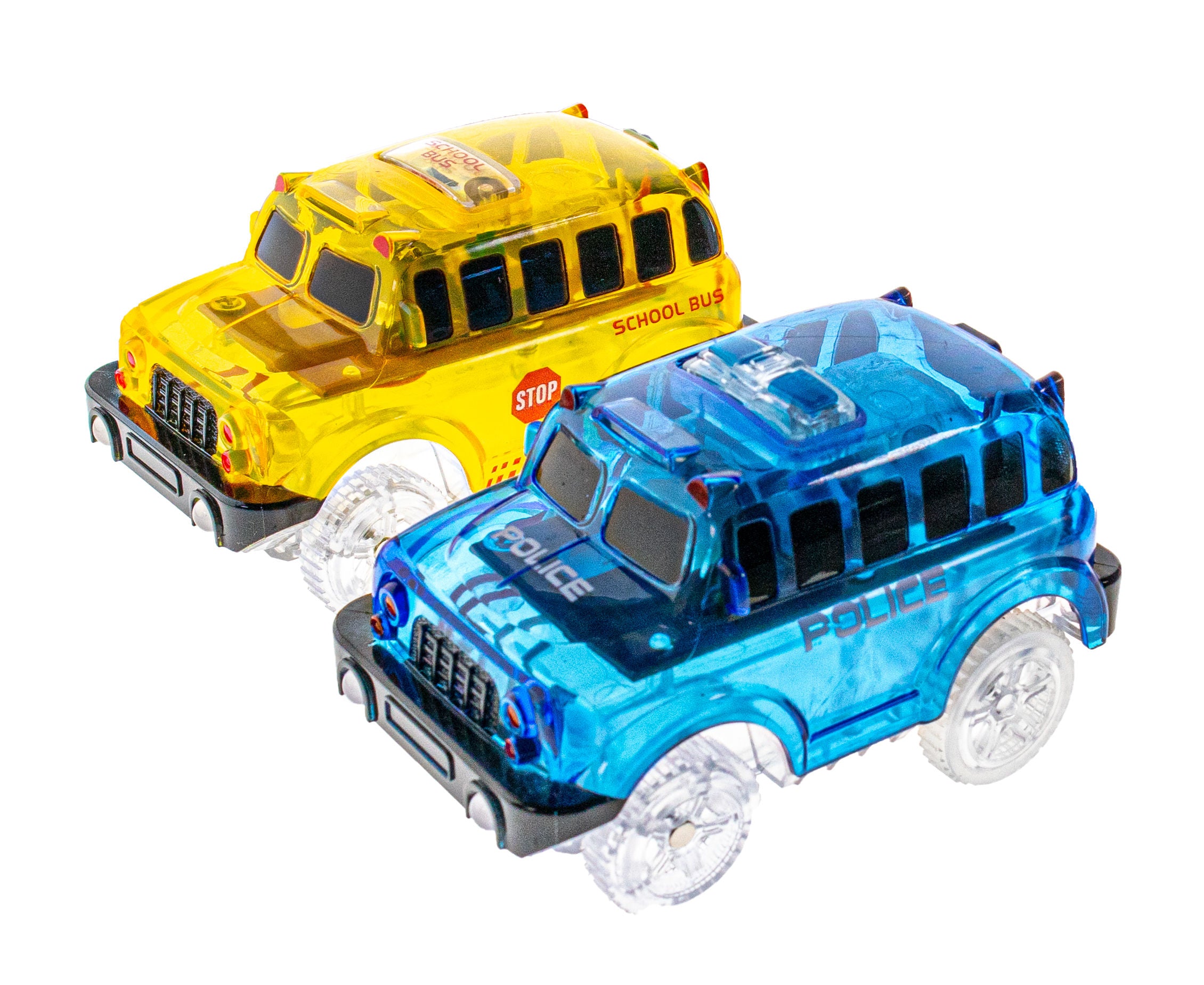 2 Magical Twister Flexible Glow In the Dark Race Car Track Emergency Vehicles -UK English School Bus and Police Truck