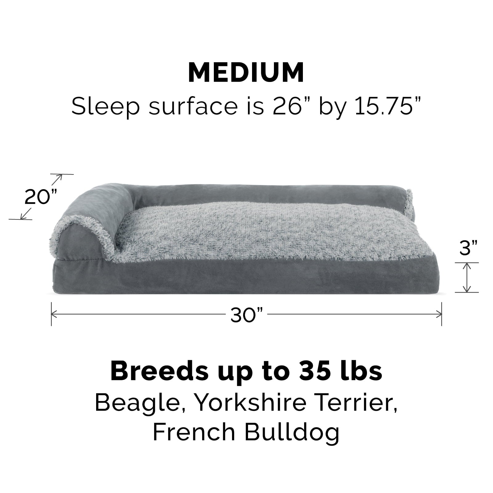 FurHaven Pet Products | Faux Fur and Suede Chaise Lounge Pillow Sofa-Style Pet Bed for Dogs and Cats， Stone Gray， Medium