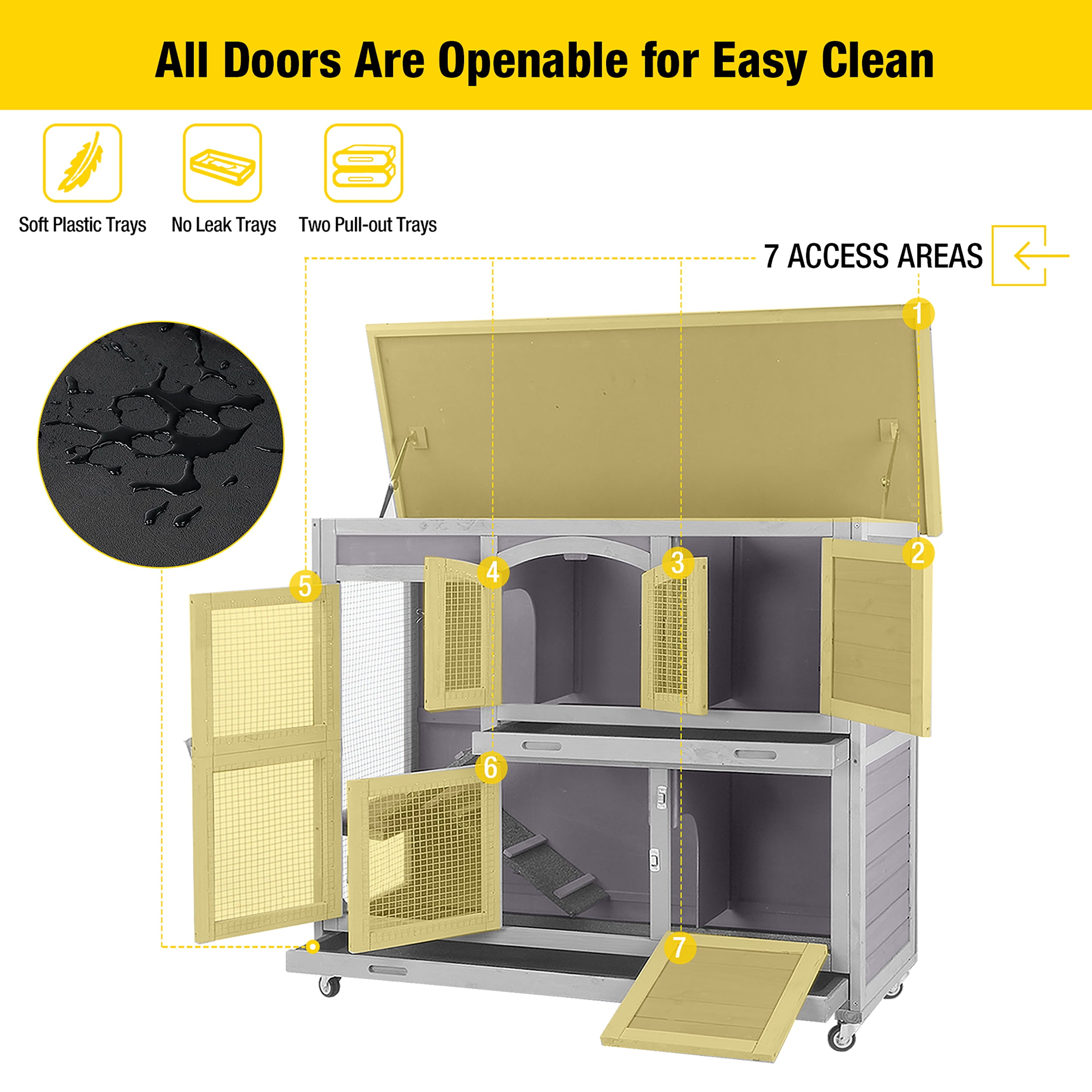 Morgete Wood Rabbit Hutch Bunny Cage with Wheel， Two Layer Guinea Pig House for Outdoors and Indoors