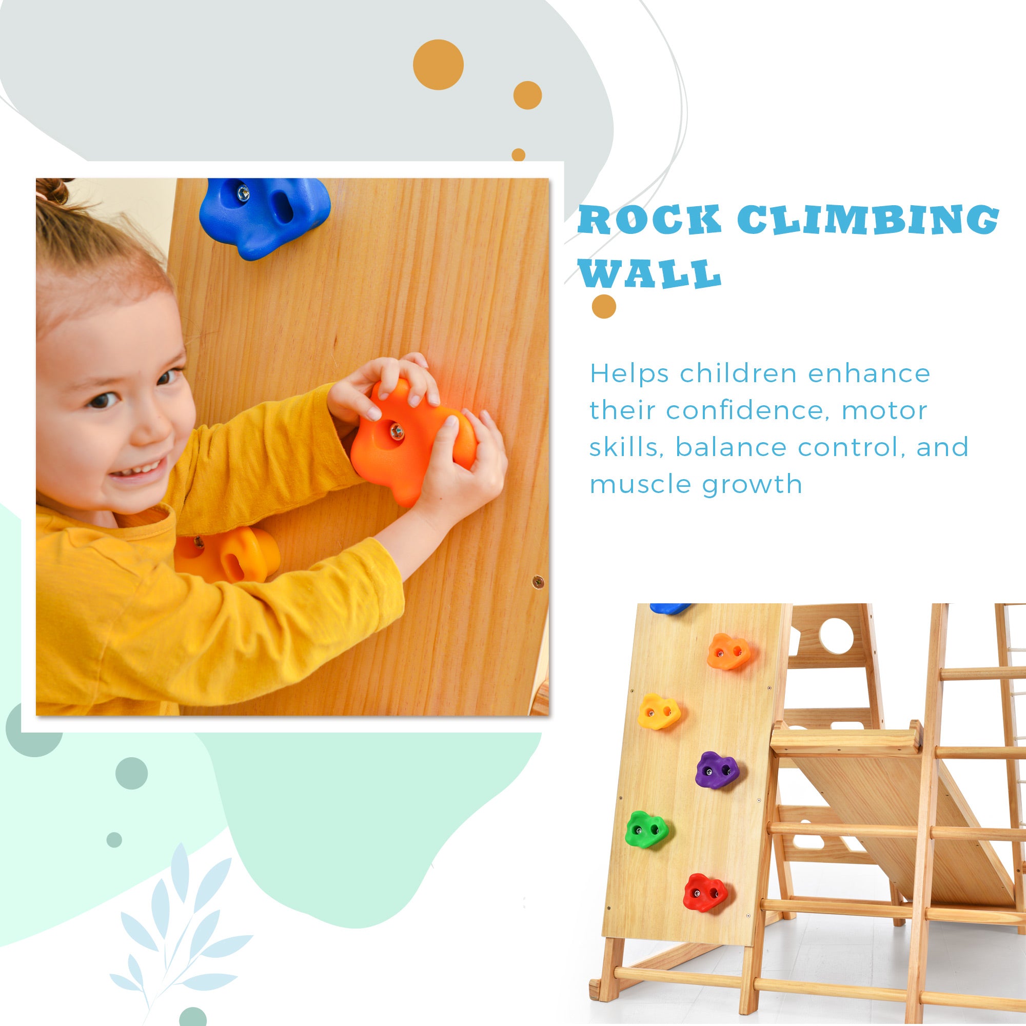 Track 7 Wooden Indoor Kids Playground Jungle Gym with Slide，Toddlers Wooden Climber 8-in-1 Slide Playset，Wooden Rock Climbing Wall with Rope Wall Climb，Monkey Bars，and Swing for Kids